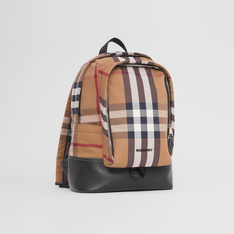 Large Check Cotton Canvas and Leather Backpack 7