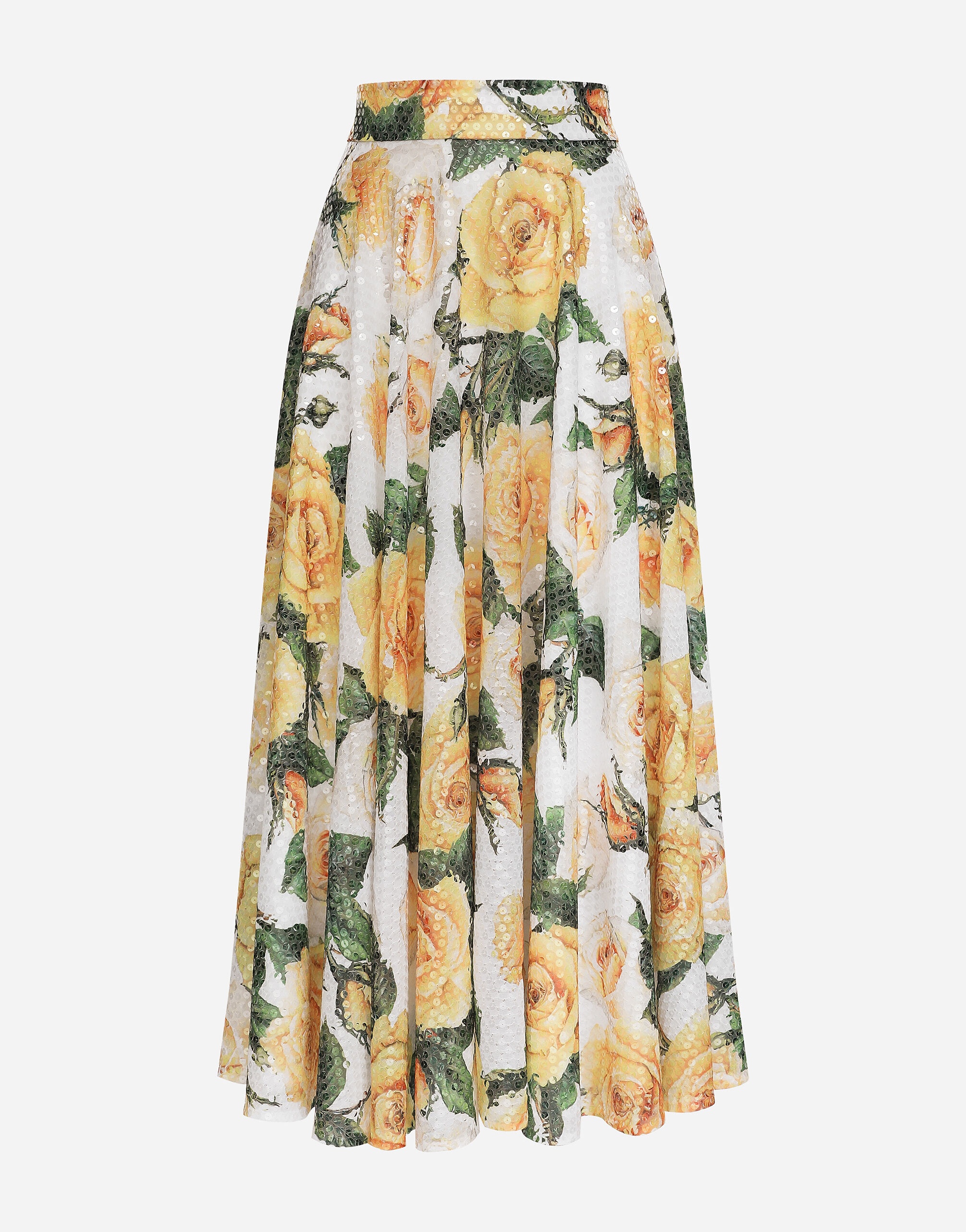 Sequined midi circle skirt with yellow rose print - 1