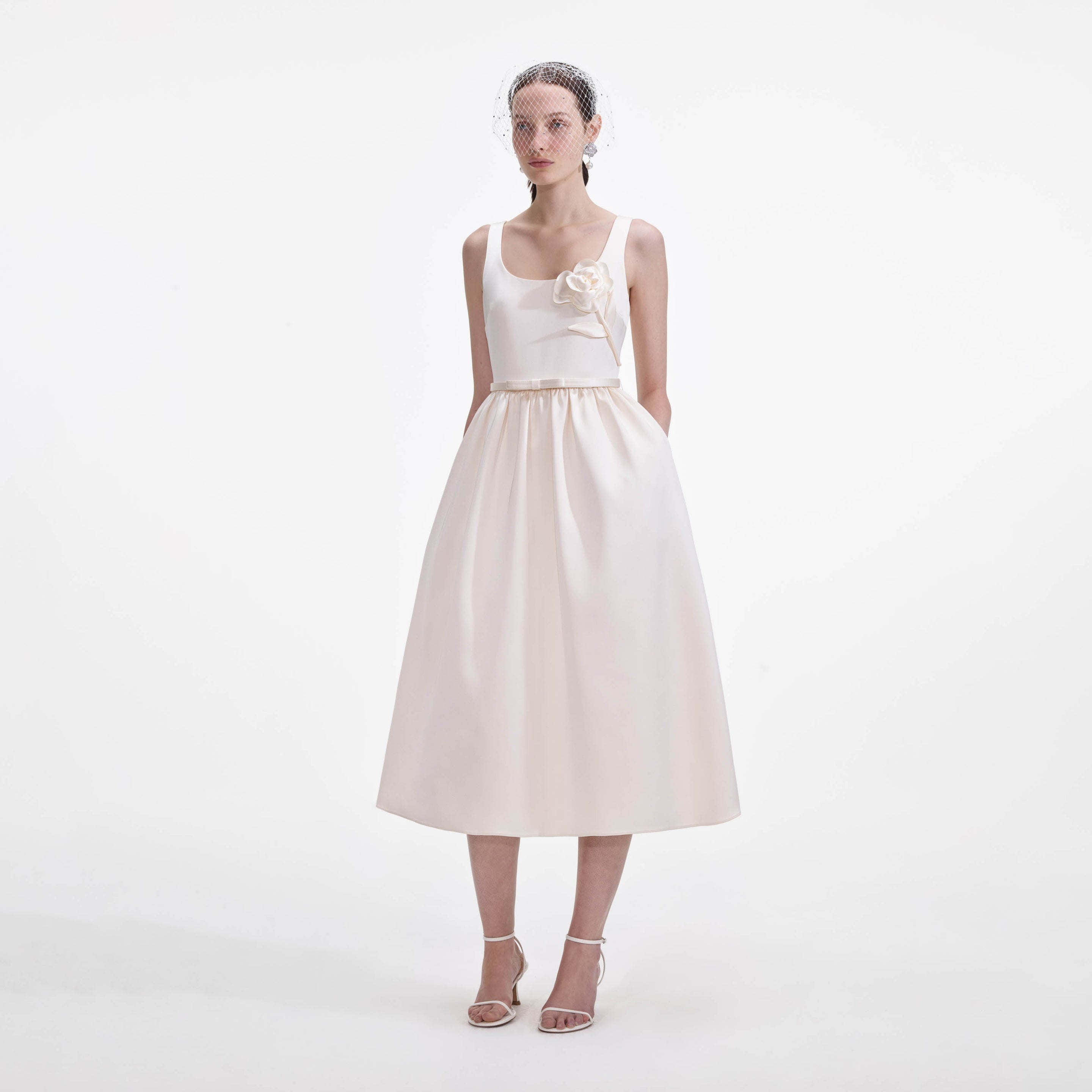 Cream Satin Flower Midi Dress - 2