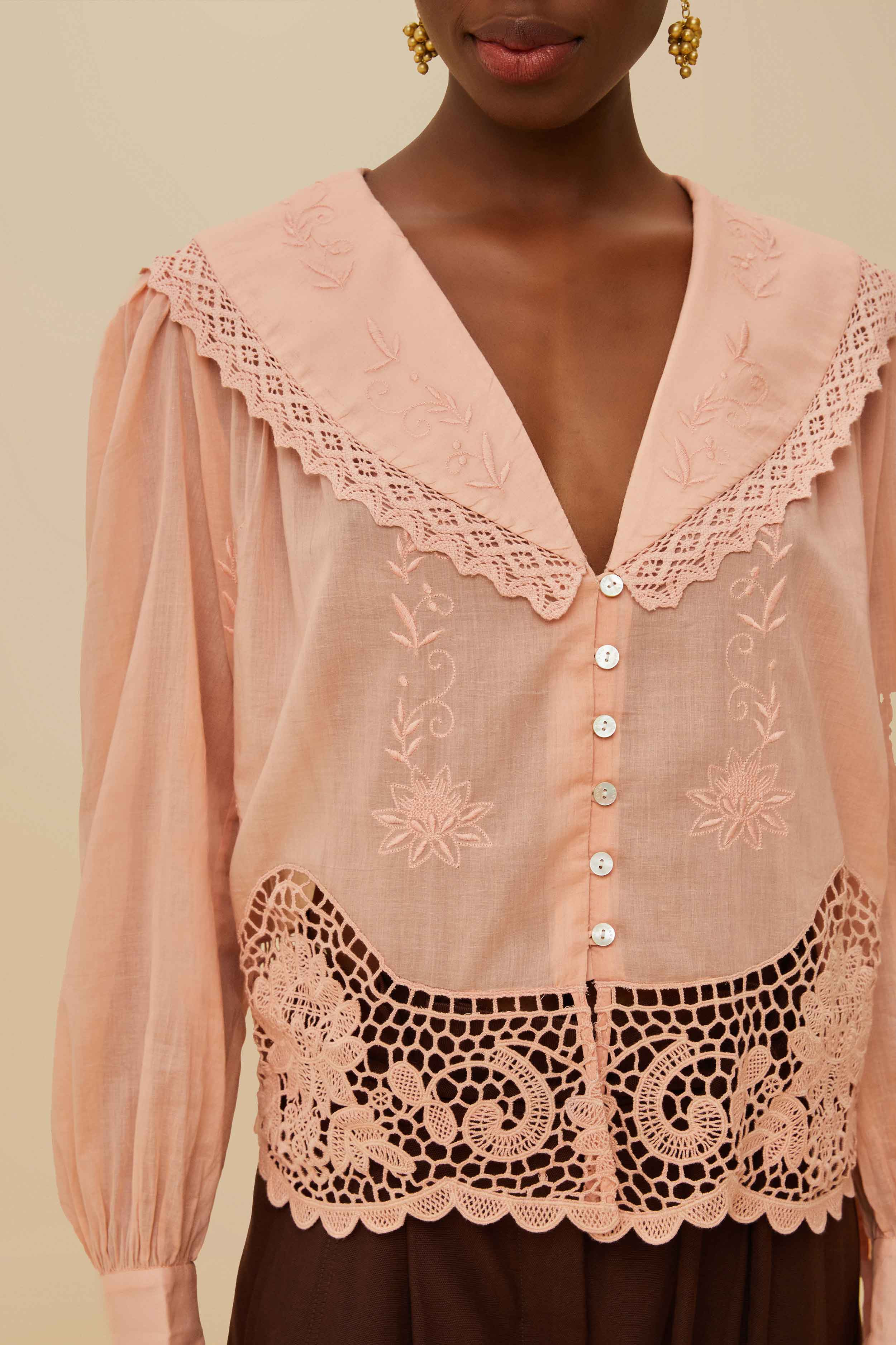 Pink Lacy Long Sleeve Blouse - 2
