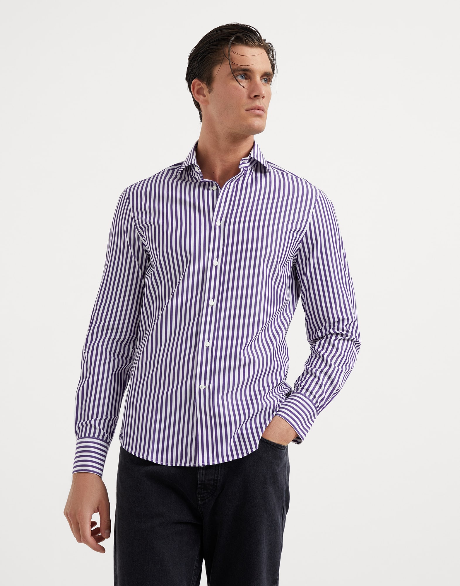 Striped poplin slim fit shirt with spread collar - 1