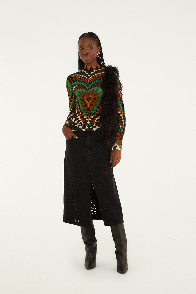 Green Heart Deco Ruched Waist Jersey Blouse 4