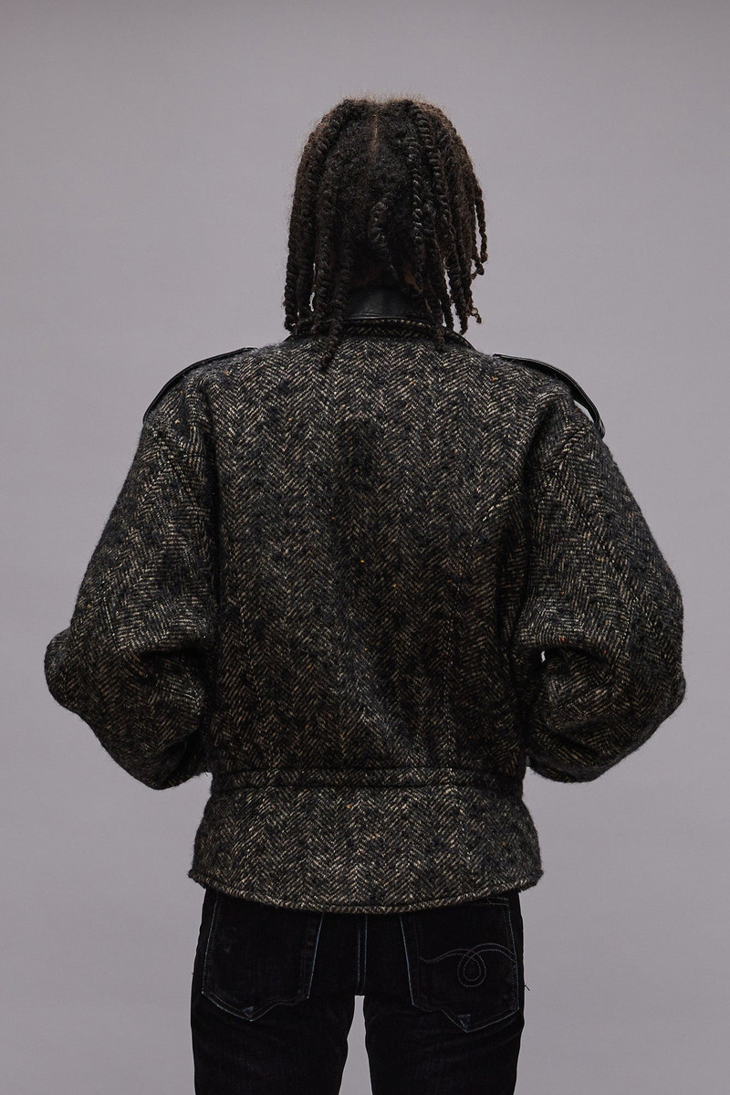 EXAGGERATED SHOULDER MOTORCYCLE JACKET WITH CUFFS - BLACK HERRINGBONE - R13 6