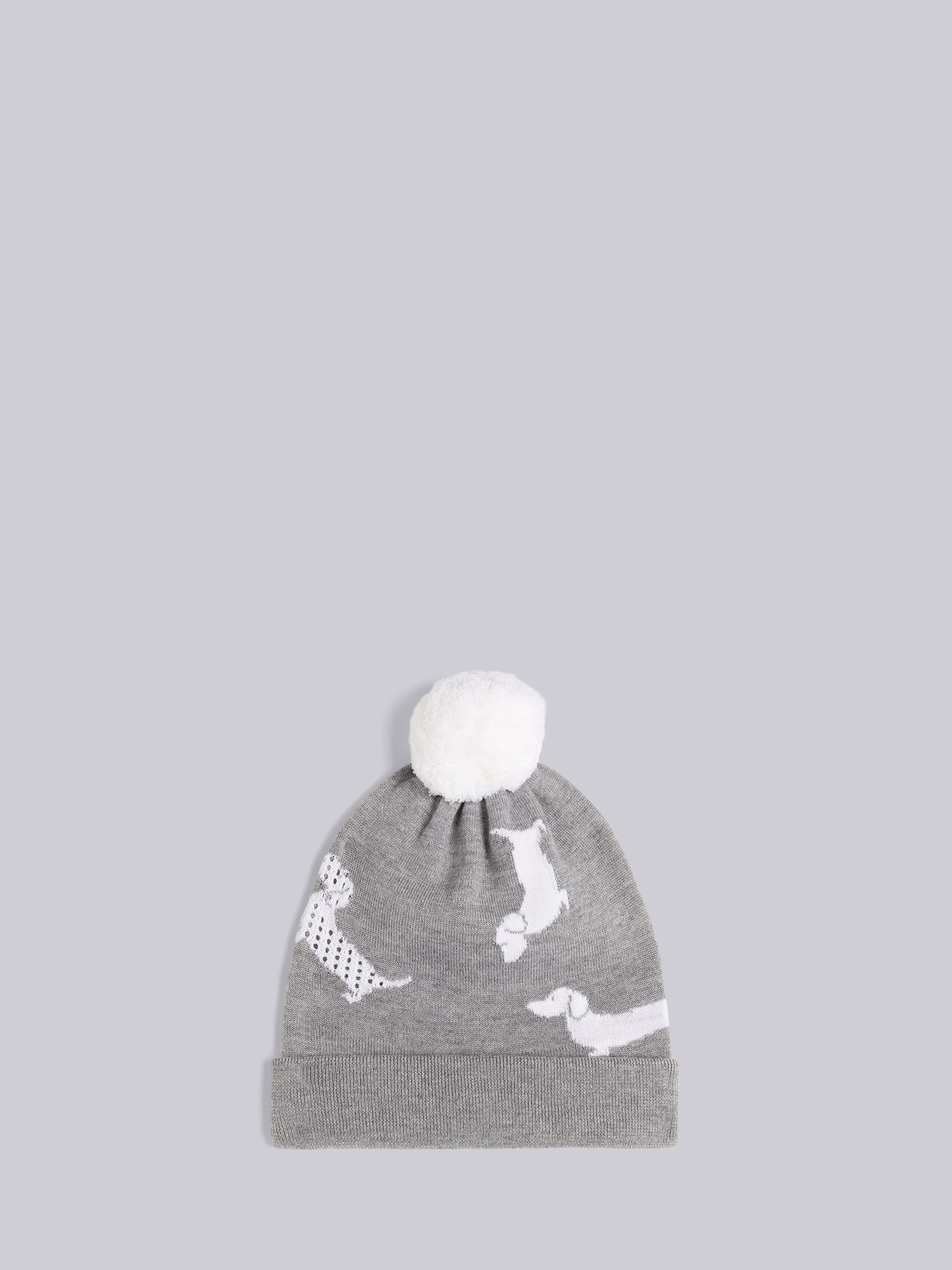 Light Grey Extrafine Merino Wool Hector Icon Half Drop Intarsia Pom Pom Hat - 1