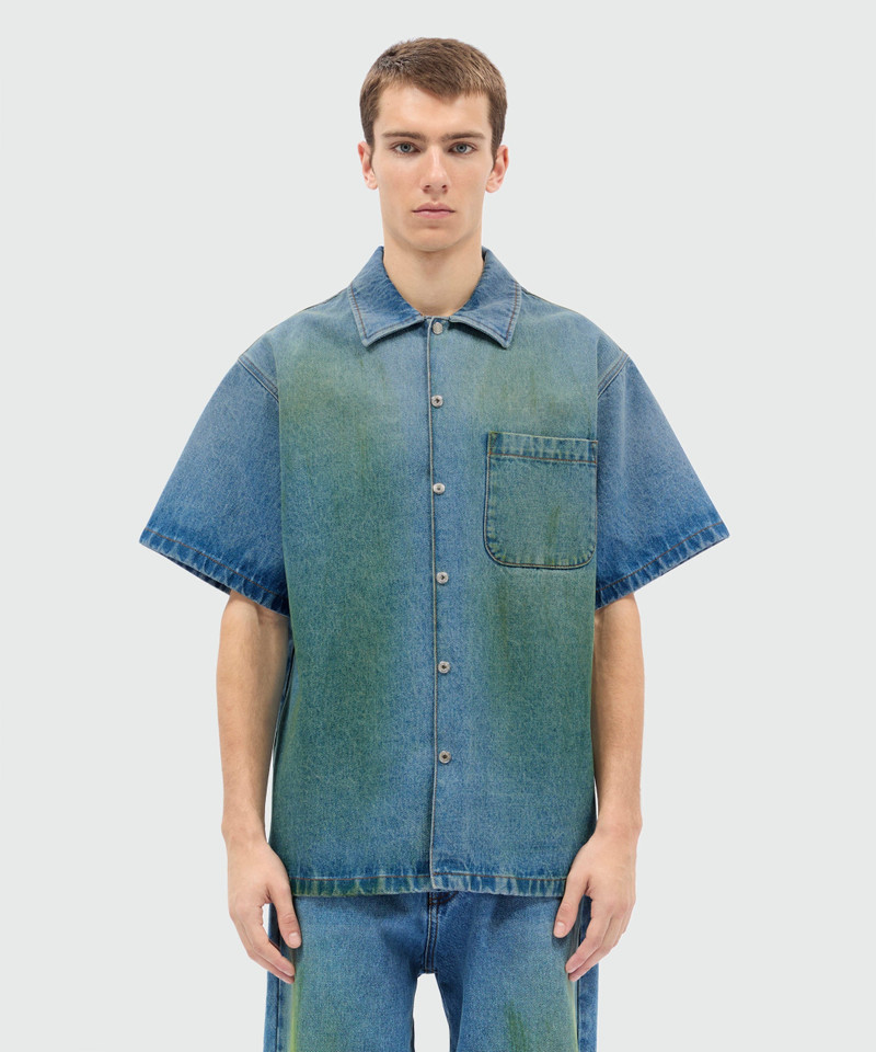 MSGM Light-wash denim short-sleeve shirt with localized distressing outlook