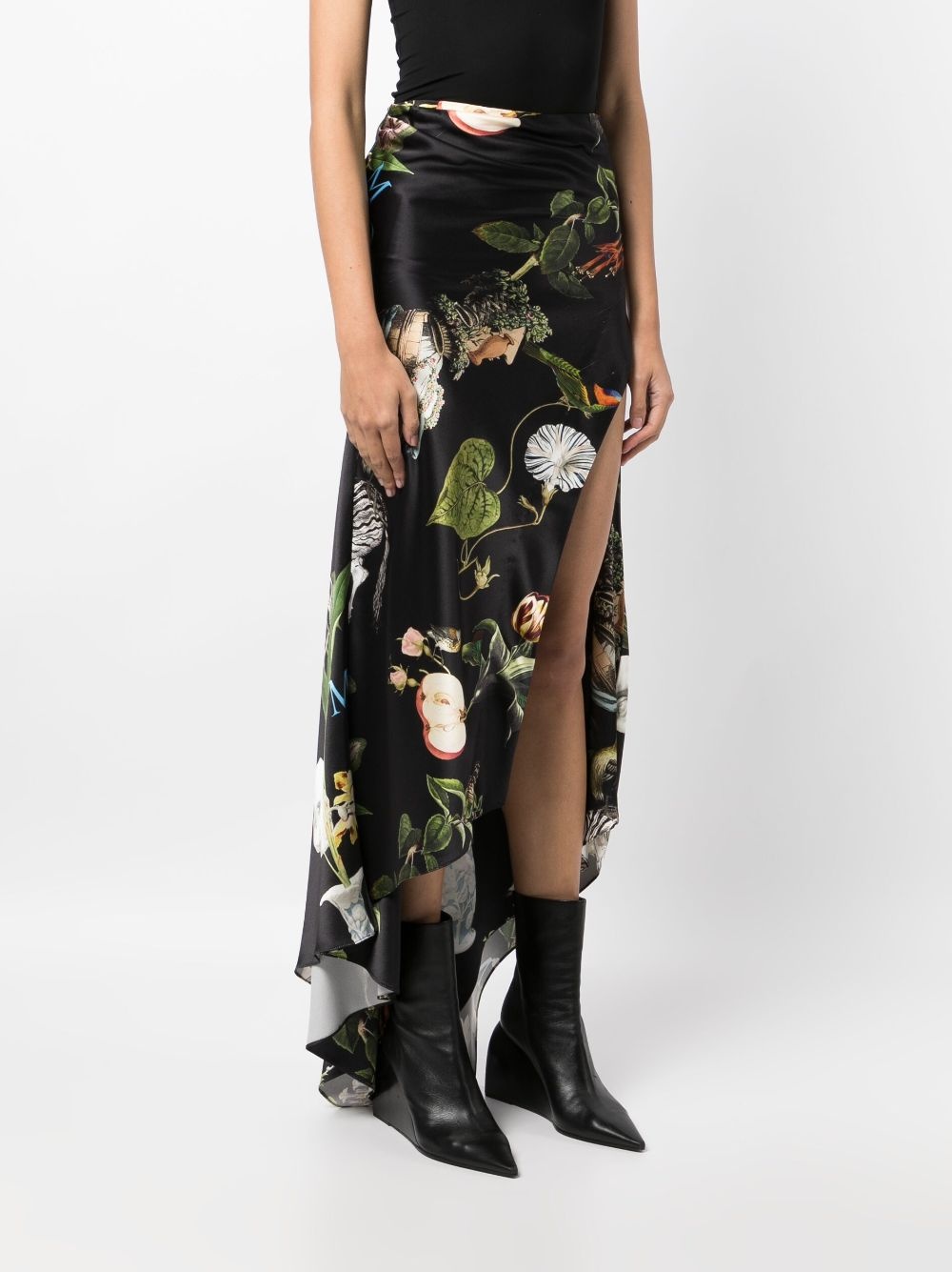 botanical-print satin draped skirt - 3