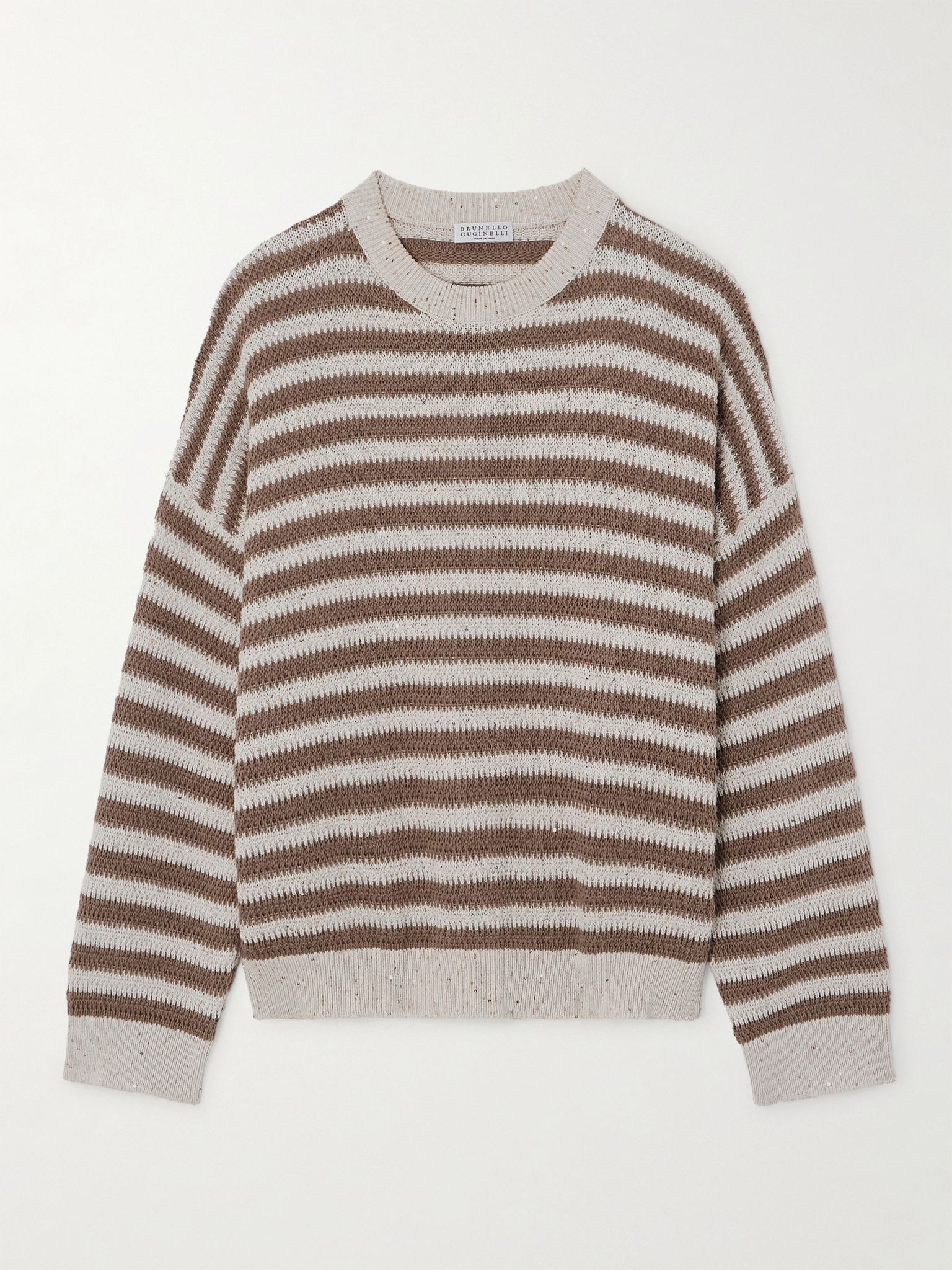 Sequin-embellished striped cotton-blend sweater Tan - 1