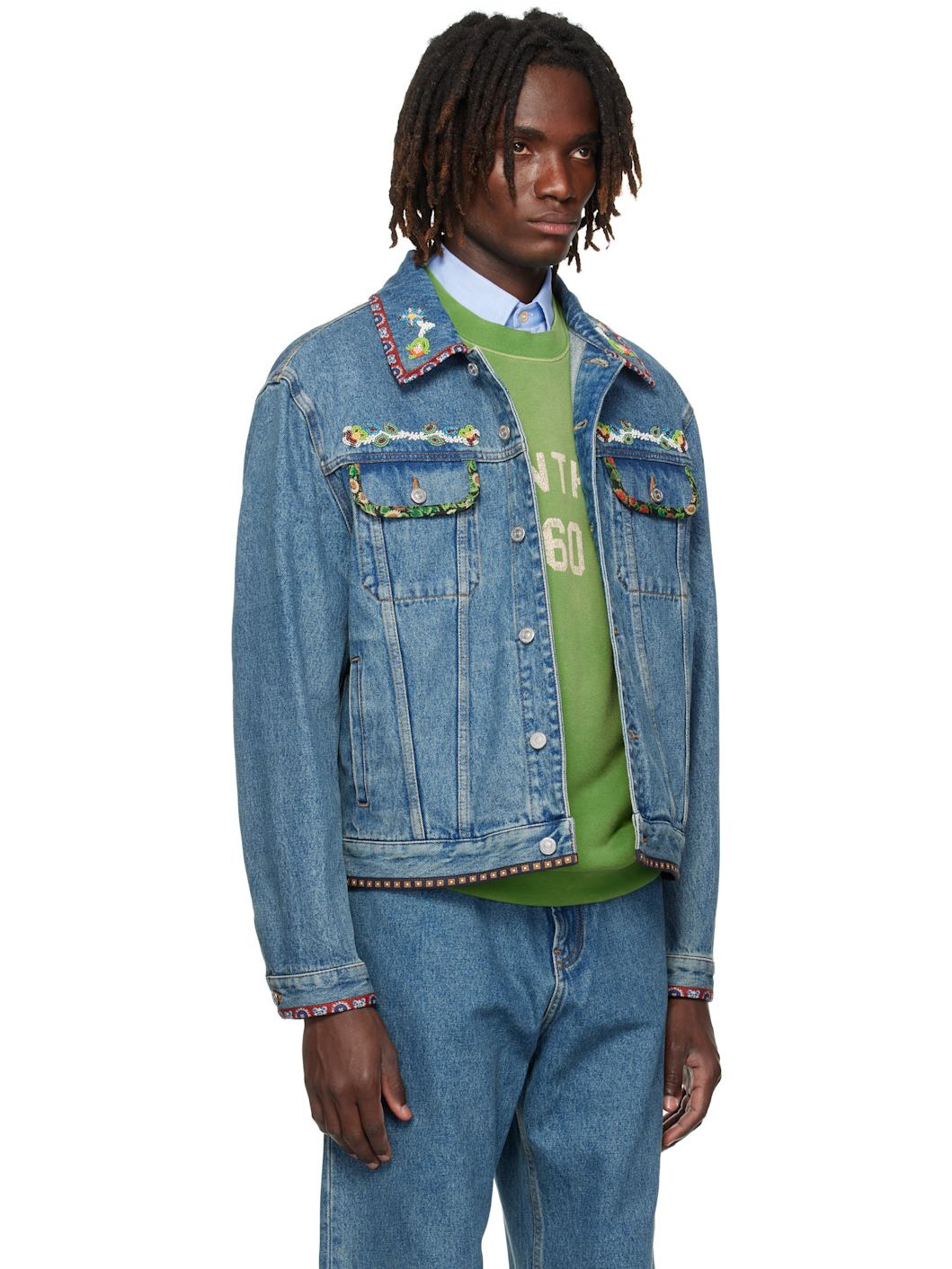 Blue Beaded Embroidery & Printed Edges Denim Jacket - 2