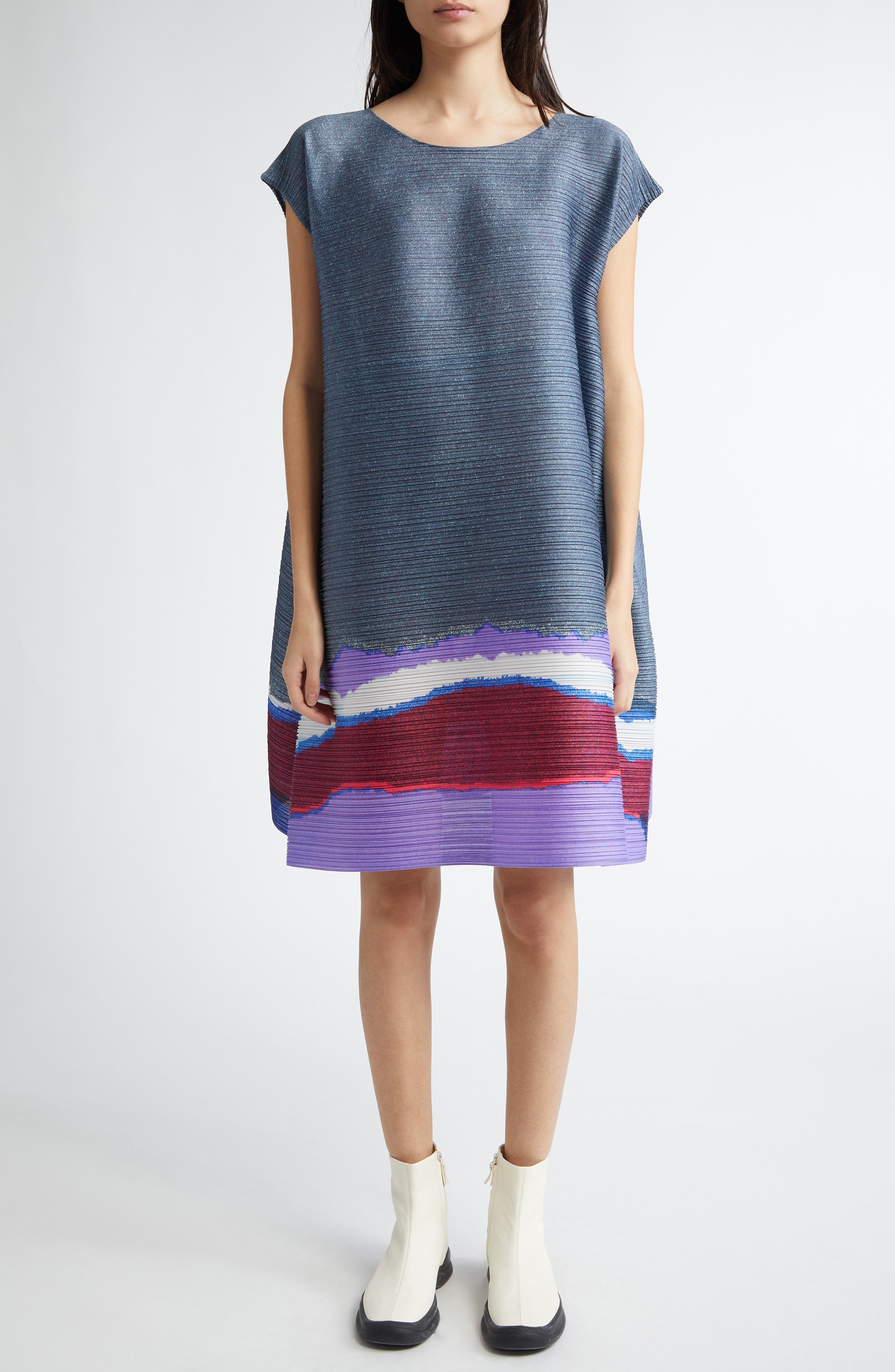 Pleats Please Issey Miyake Grainy Colors Pleated Shift Dress in Dark Blue Gray at Nordstrom - 1