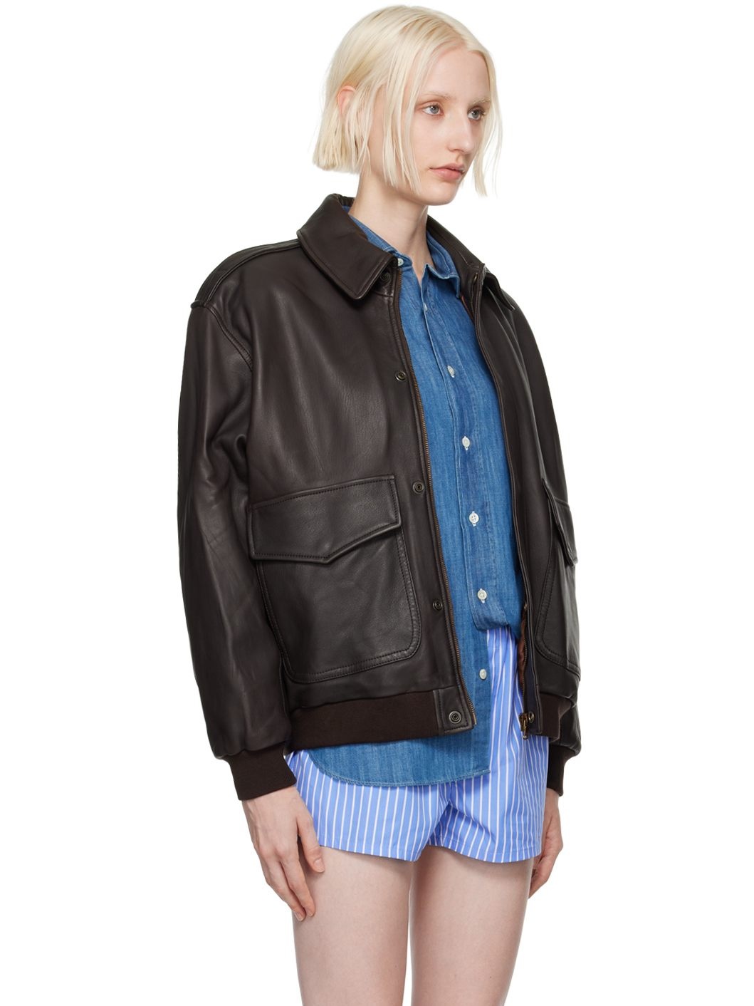 Brown Oversized Leather Bomber Jacket - 2