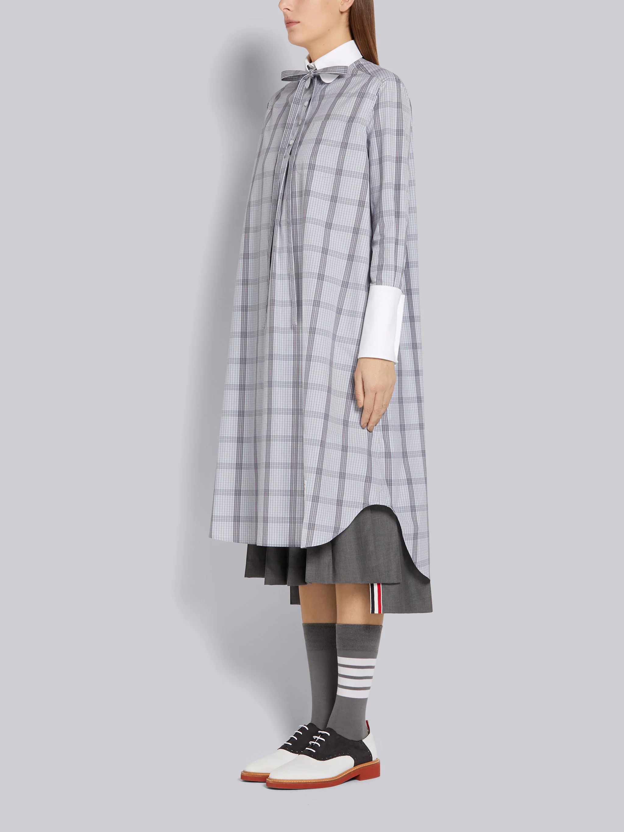 Medium Grey Small Grid Windowpane Check Poplin Bow Tie Blouson Long-sleeved Knee-length Shirtdress - 2