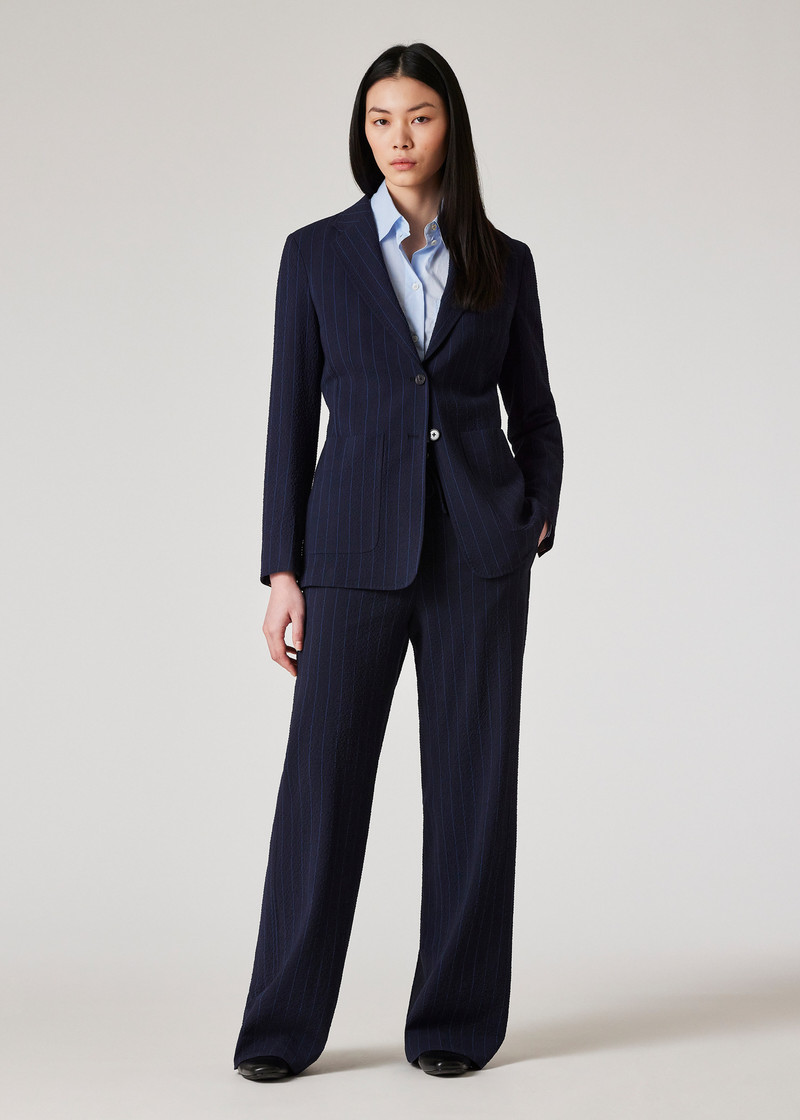여성 모직 블렌드 해군 Seersucker Pinstripe 블레이저 8