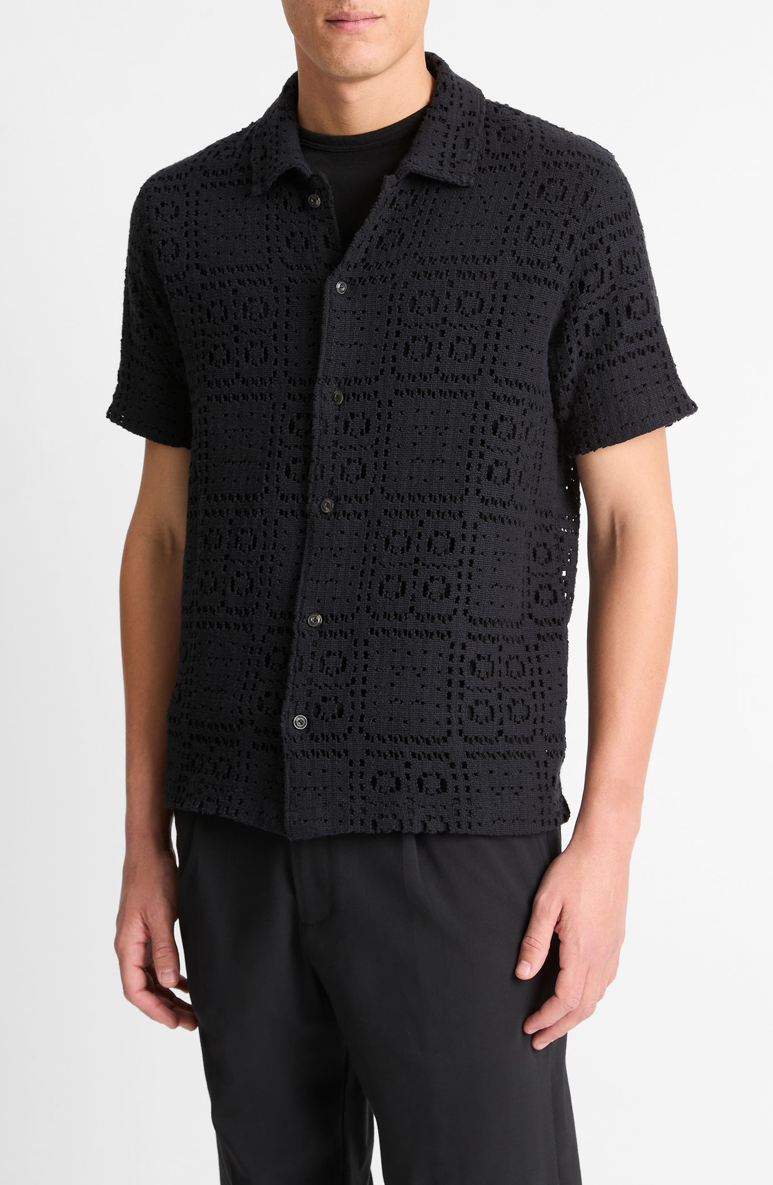 Vince Openwork Short Sleeve Button-Up Shirt in Black at Nordstrom - 3