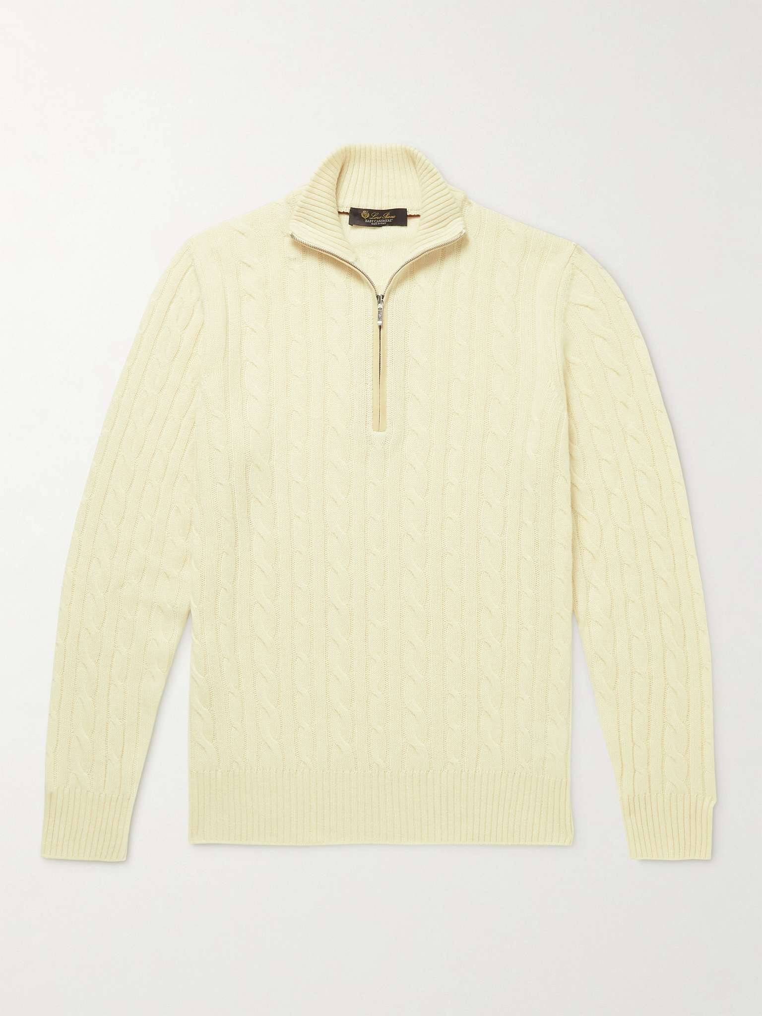 Suede-Trimmed Cable-Knit Baby Cashmere Half-Zip Sweater - 1