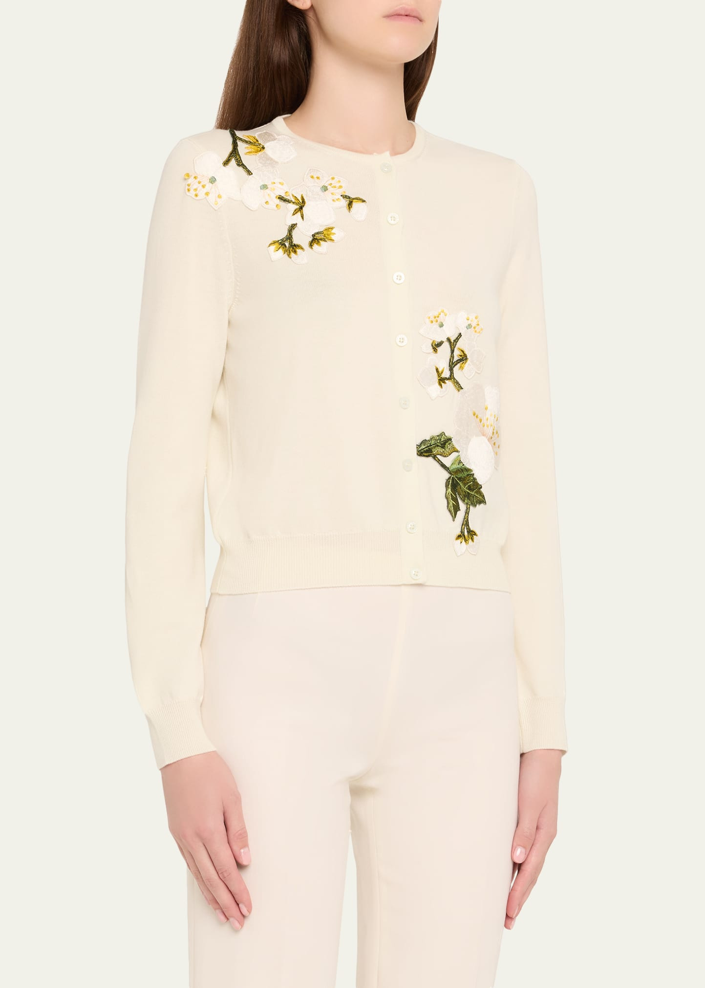 Cherry Blossom Embroidered Crewneck Cardigan - 4