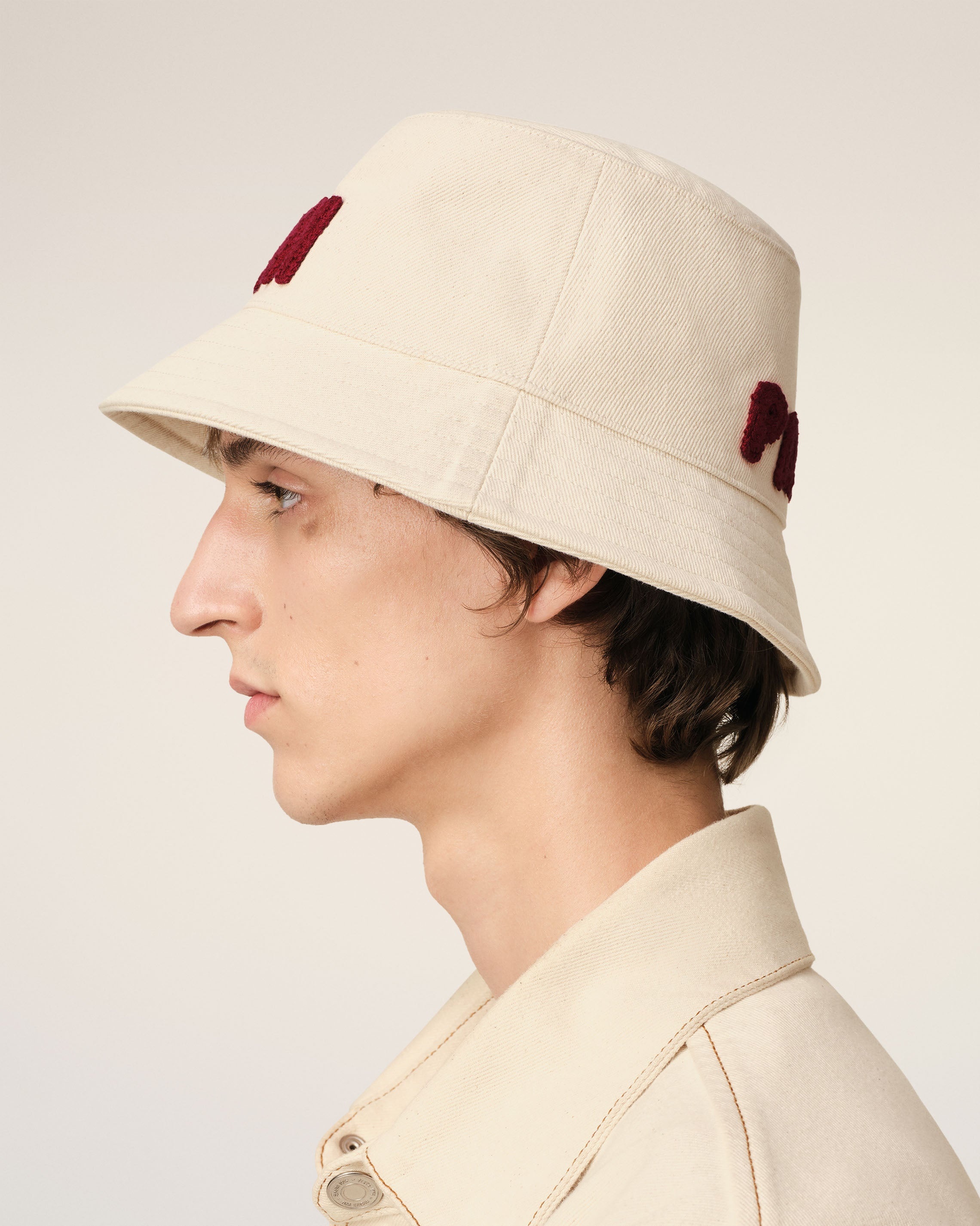 BEIGE COTTON AMI PARIS PATCH BUCKET HAT - 5