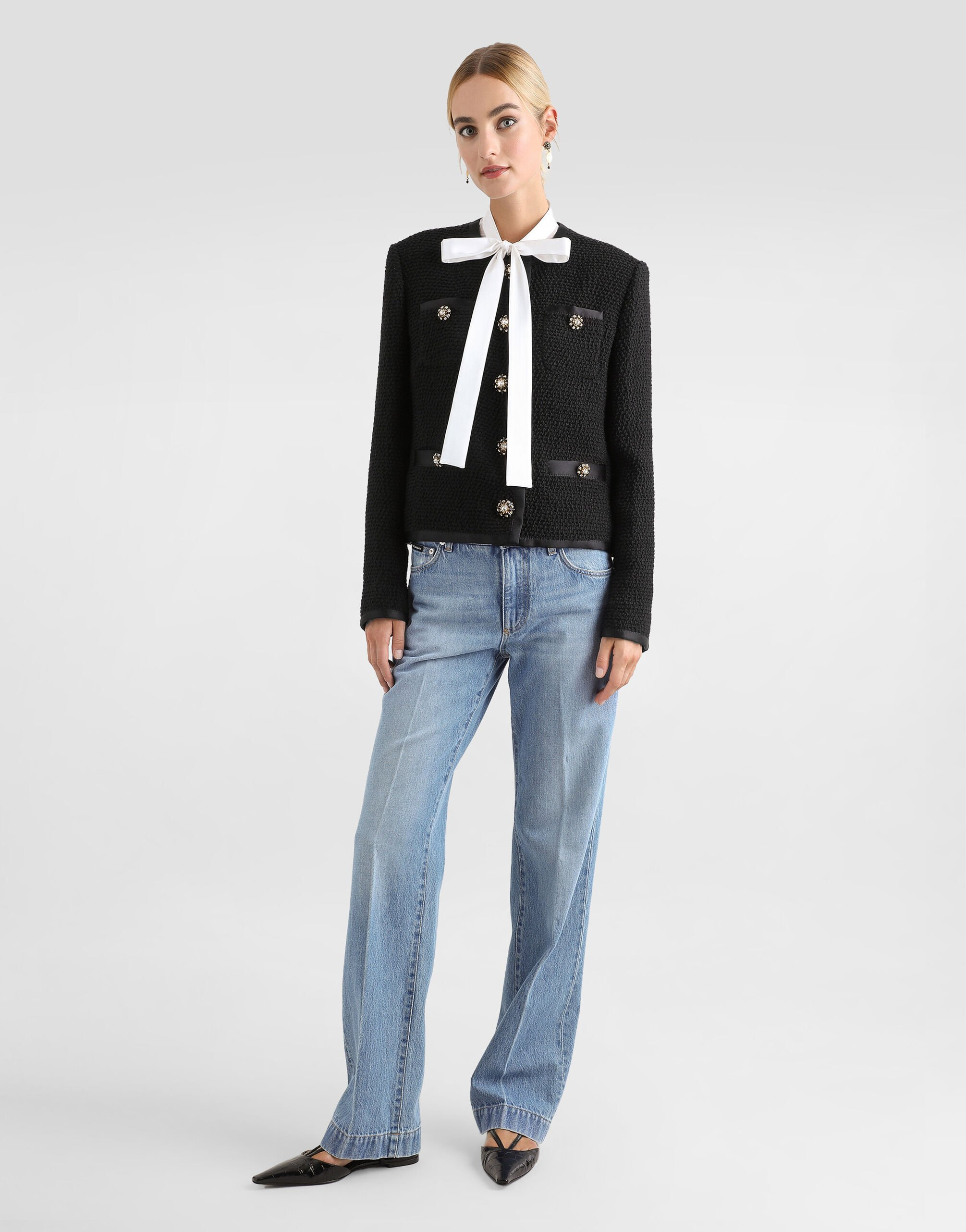 Cropped single-breasted bouclé tweed jacket with bejeweled buttons - 2