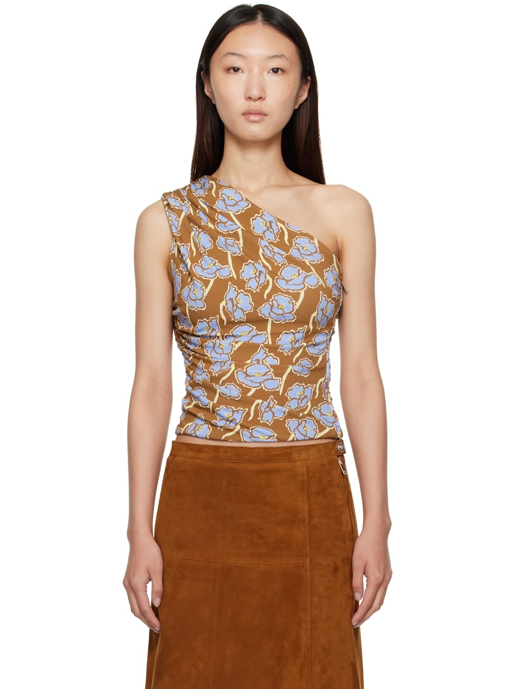 Multicolor Poppies Gathered One-Shoulder Top - 1