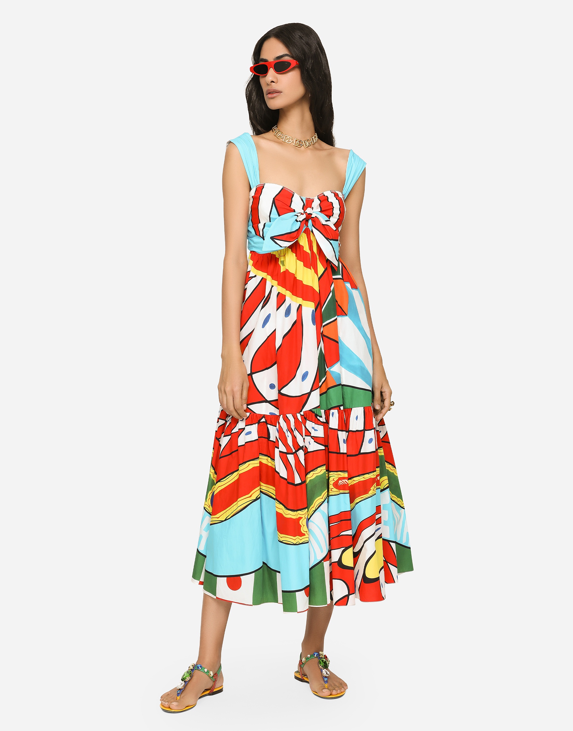 Carretto-print poplin calf-length dress - 2