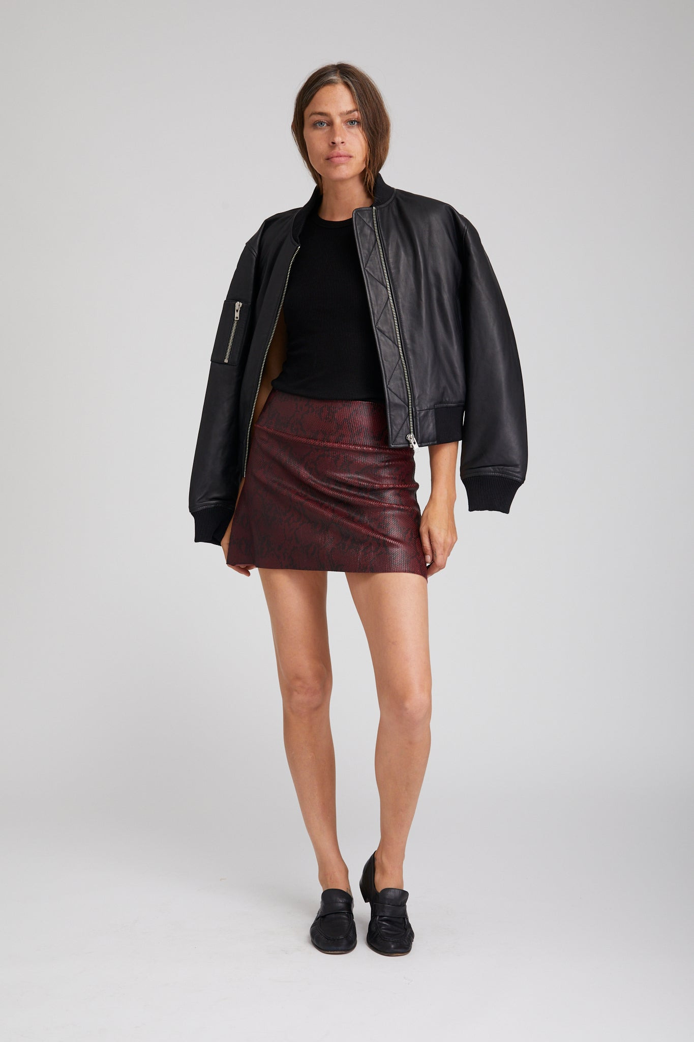BORDEAUX A-LINE LEATHER SNAKE PRINT SKIRT - 3