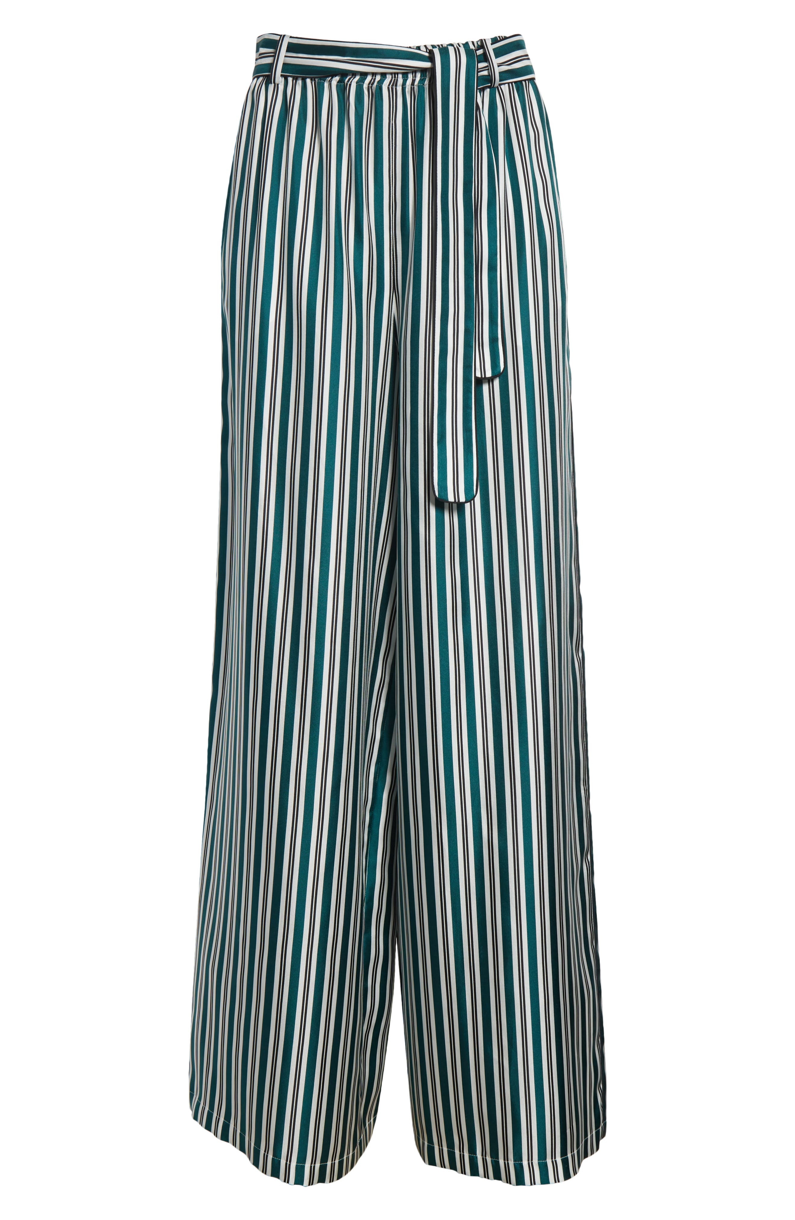 Max Mara Ladino Stripe Belted Wide Leg Silk Pants in Dark Green at Nordstrom - 6