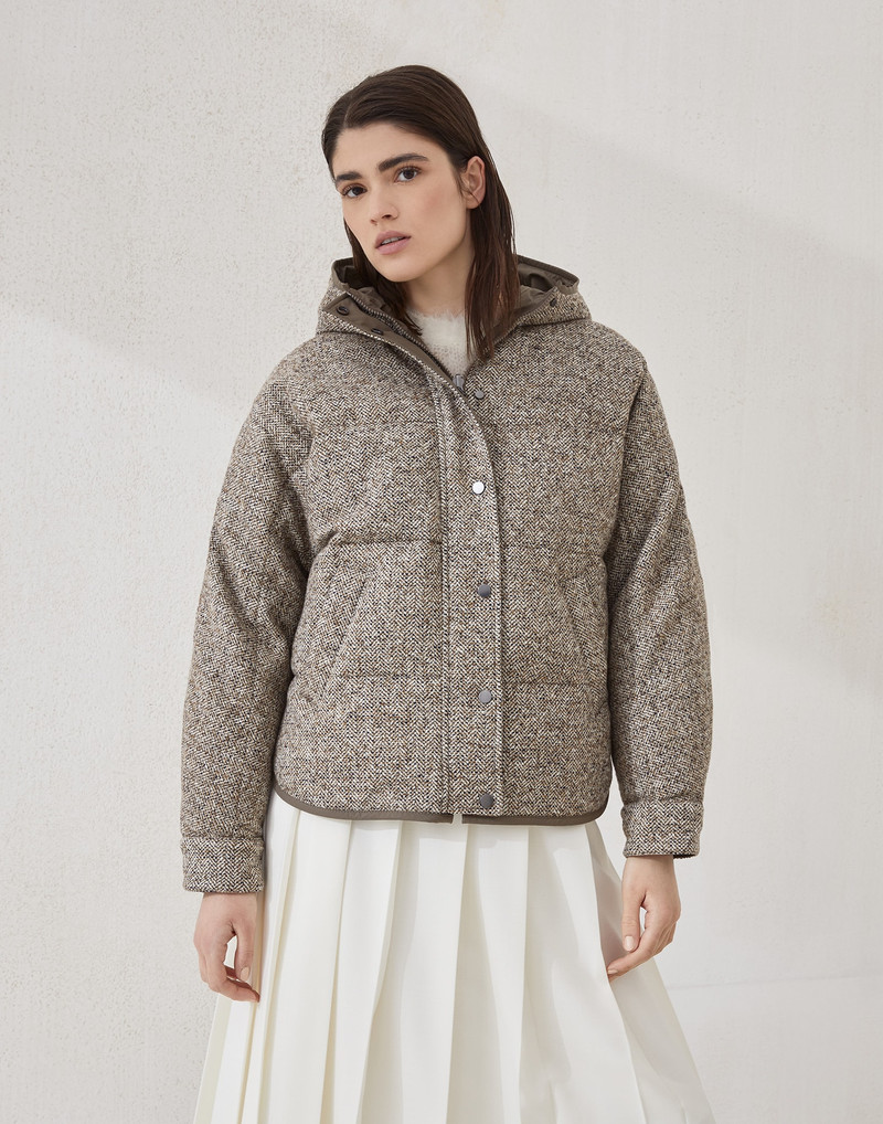 Flecked virgin wool and silk chevron hooded down jacket - 1