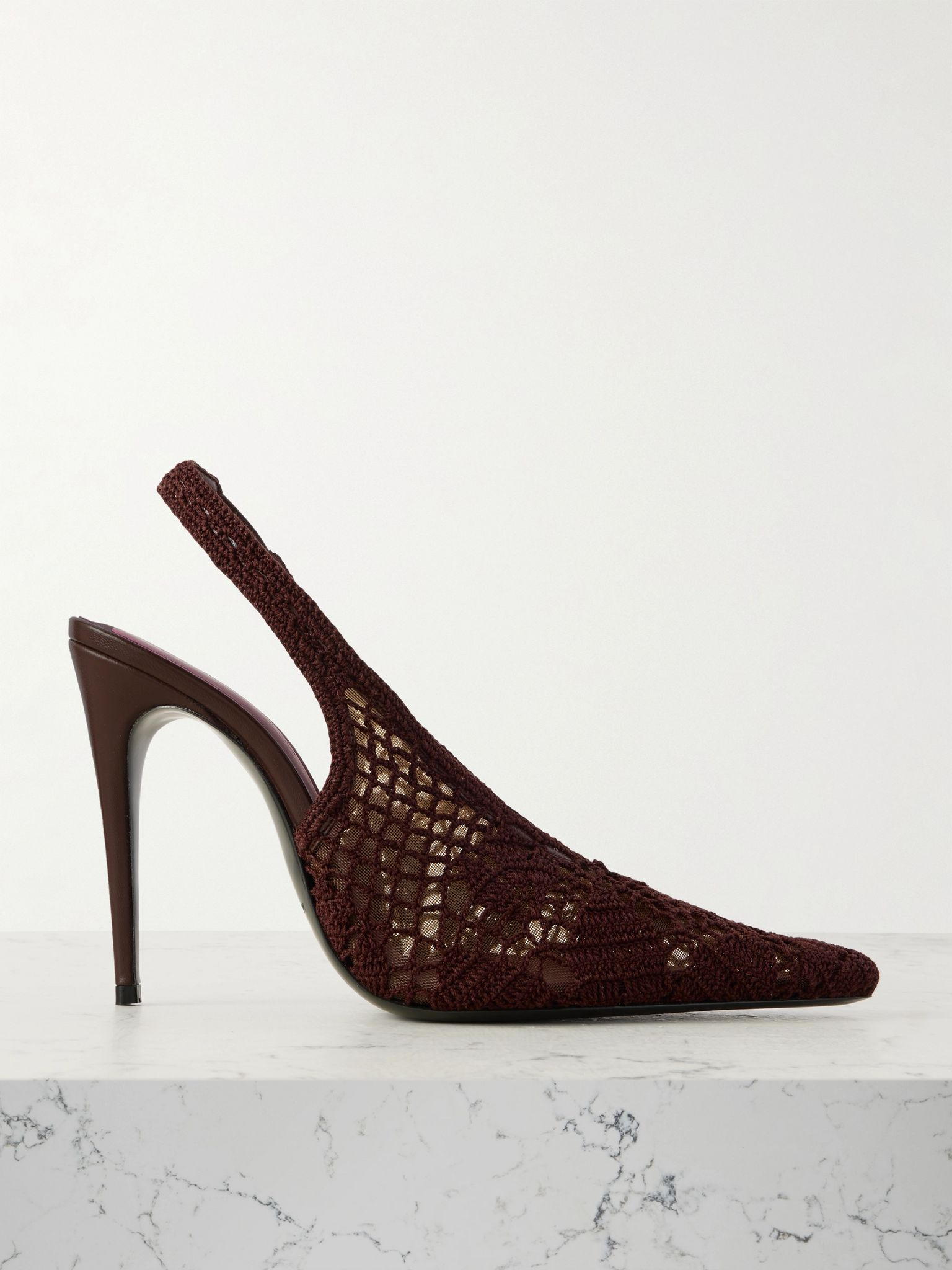 Leather-trimmed crocheted mesh slingback pumps Chocolate - 1