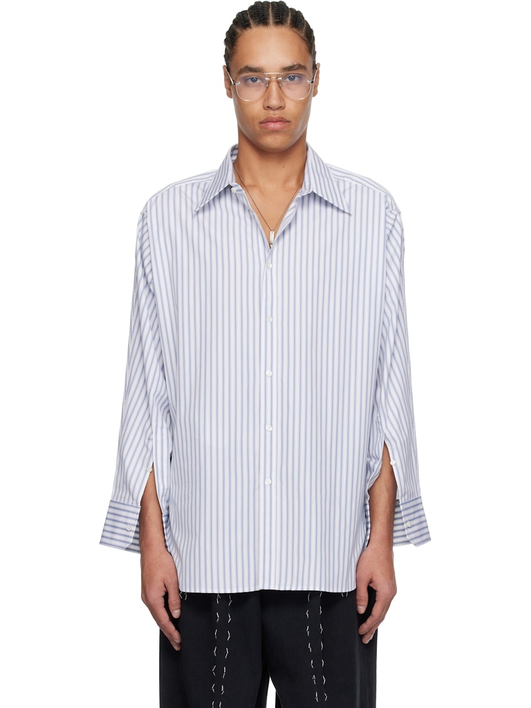 White & Blue Stripe Cotton Shirt - 1