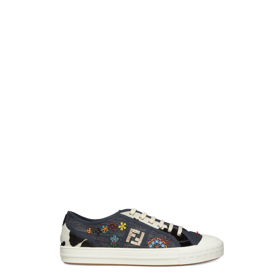 Compact, light design Fendi Domino sneakers. Made of blue denim with all-over embroidery of multicol - 1