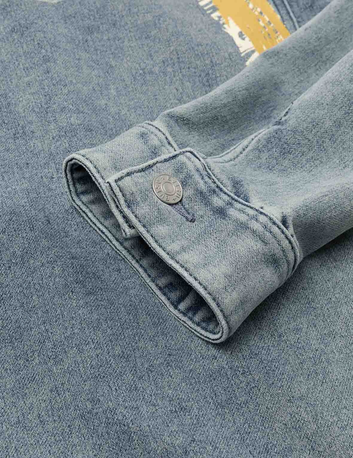 Artistic Brush Daicock Print Relax Fit Denim Jacket - 13