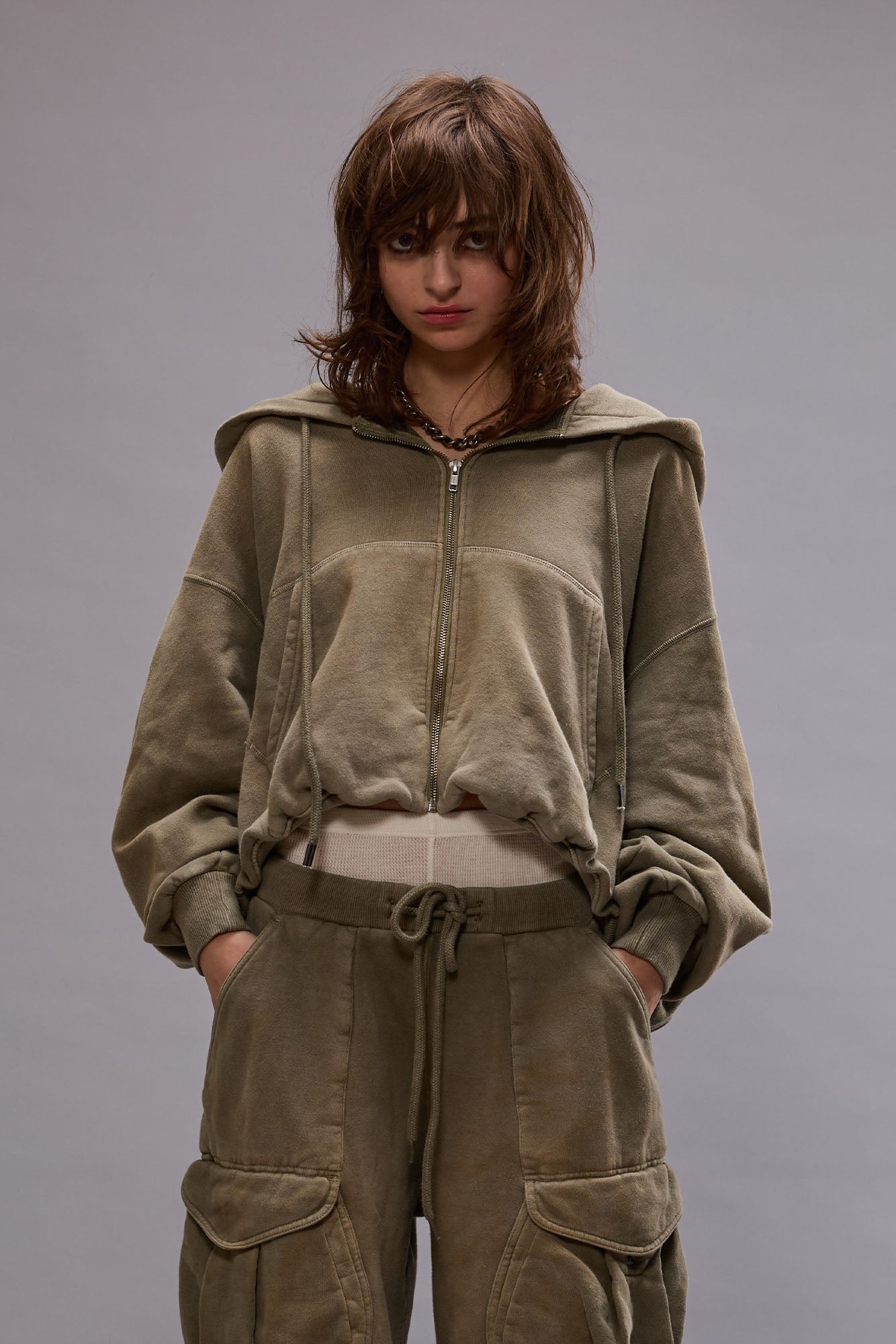 BALLOON ZIP-UP HOODIE - FADED OLIVE - 3