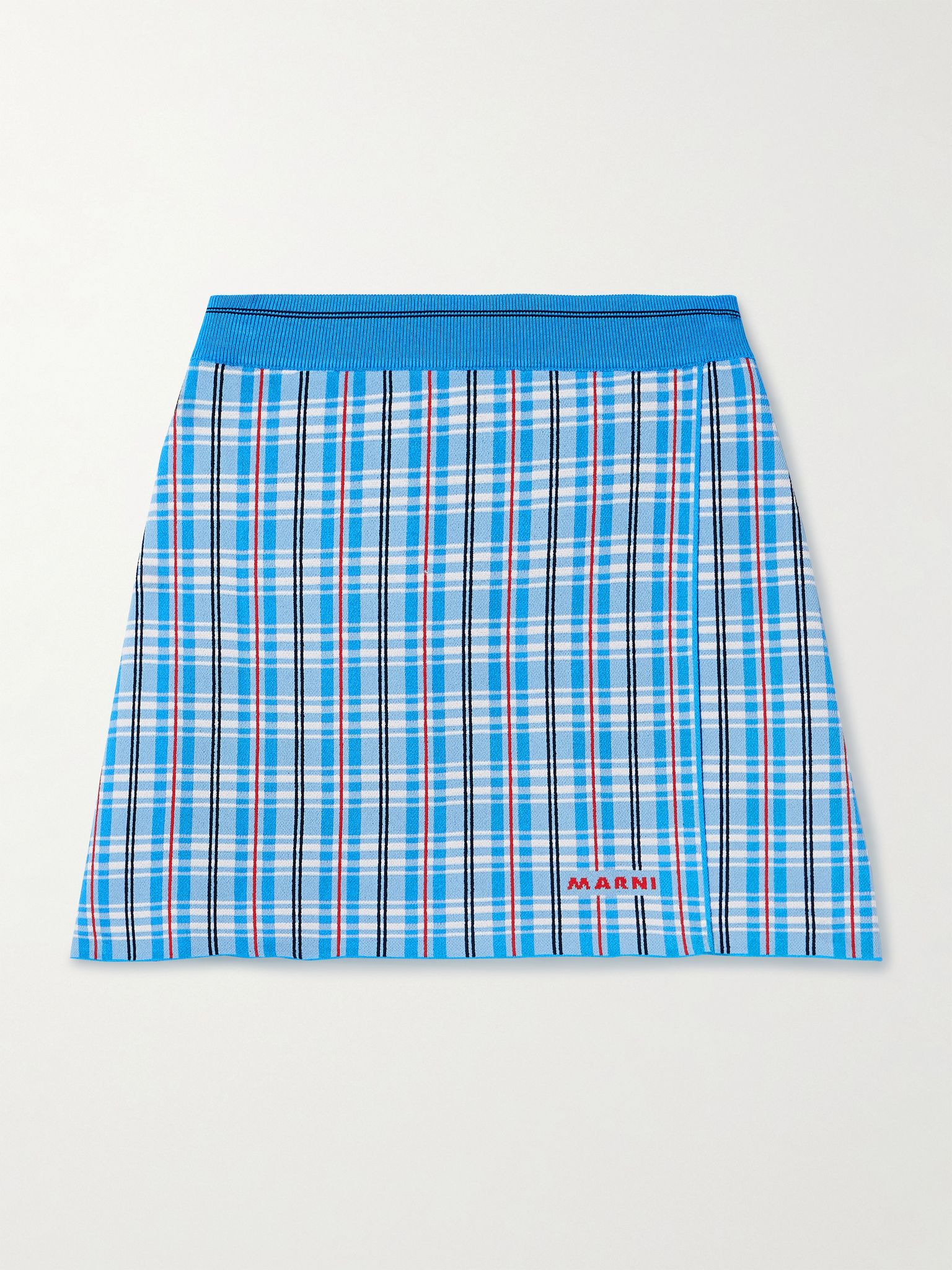 Wrap-effect checked stretch-knit mini skirt Blue - 1