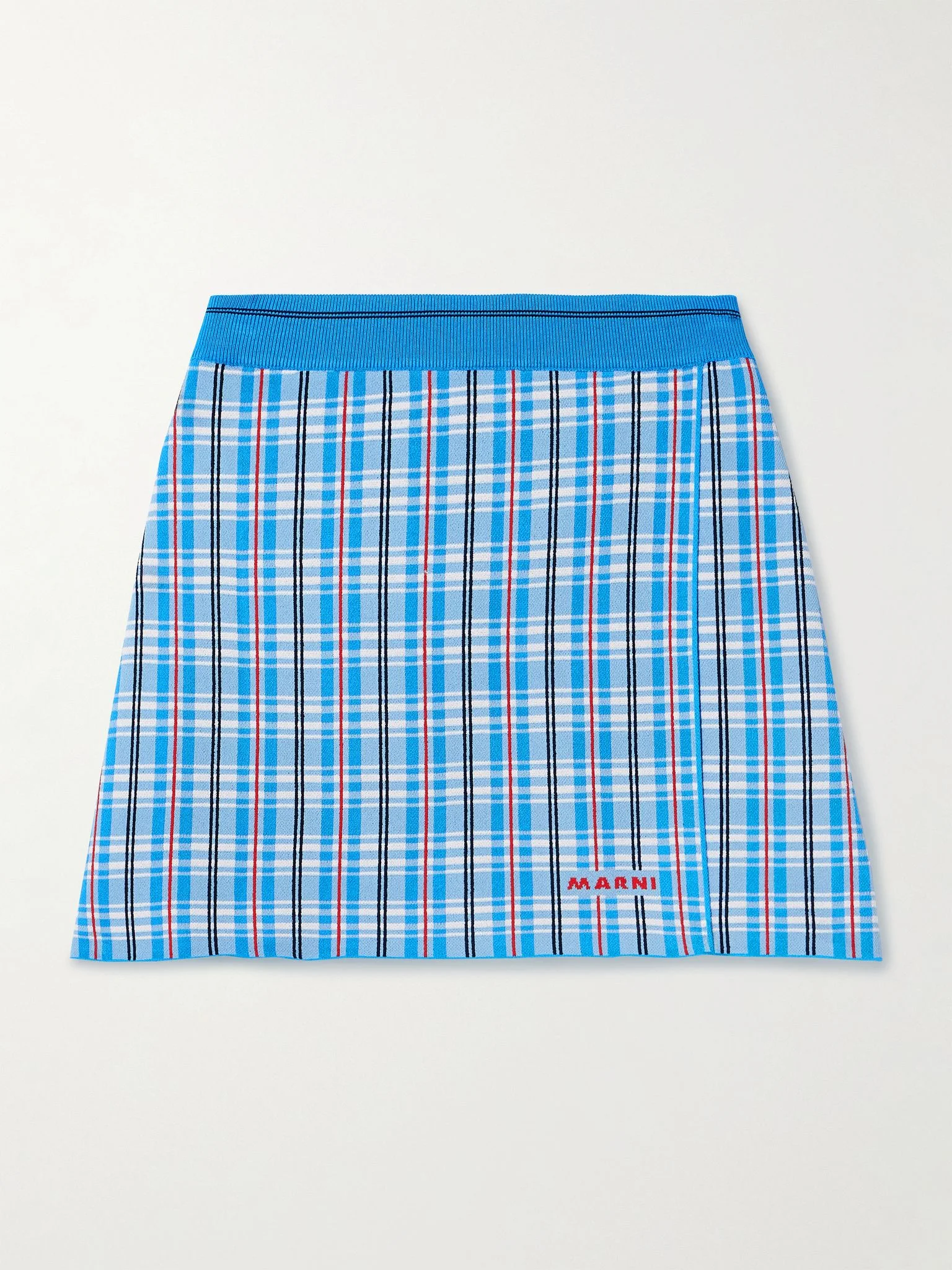 Wrap-effect checked stretch-knit mini skirt Blue - 1