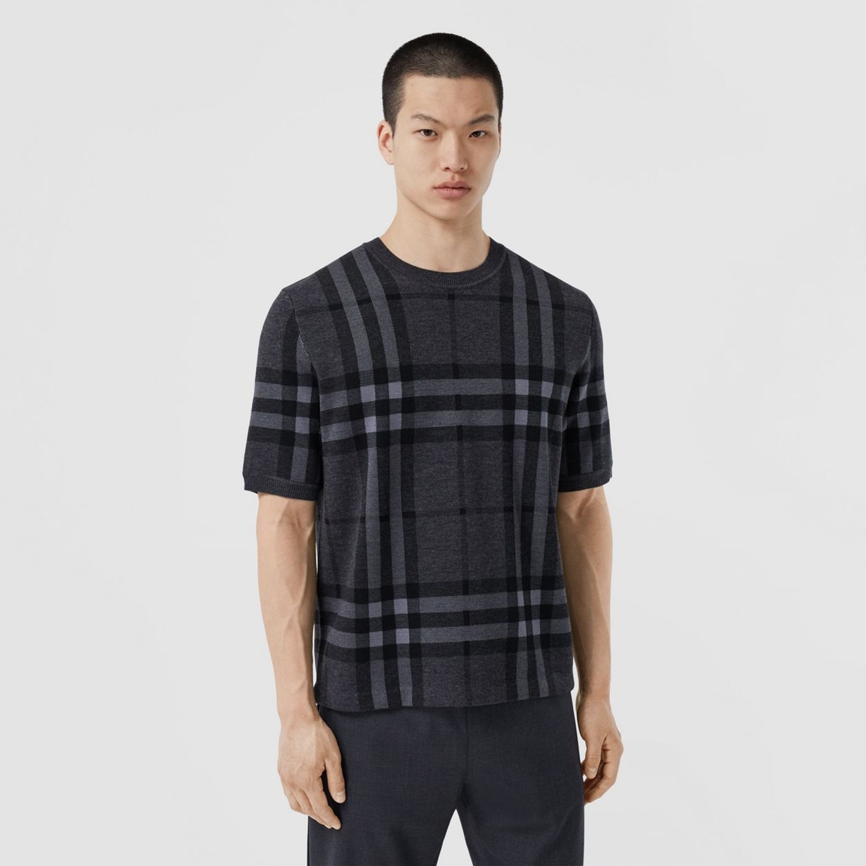 Short-sleeve Check Silk Wool Jacquard Top - 5