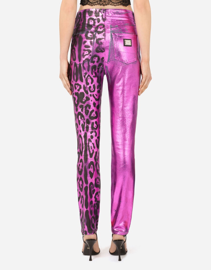 Foiled denim jeans with neon leopard print - 2