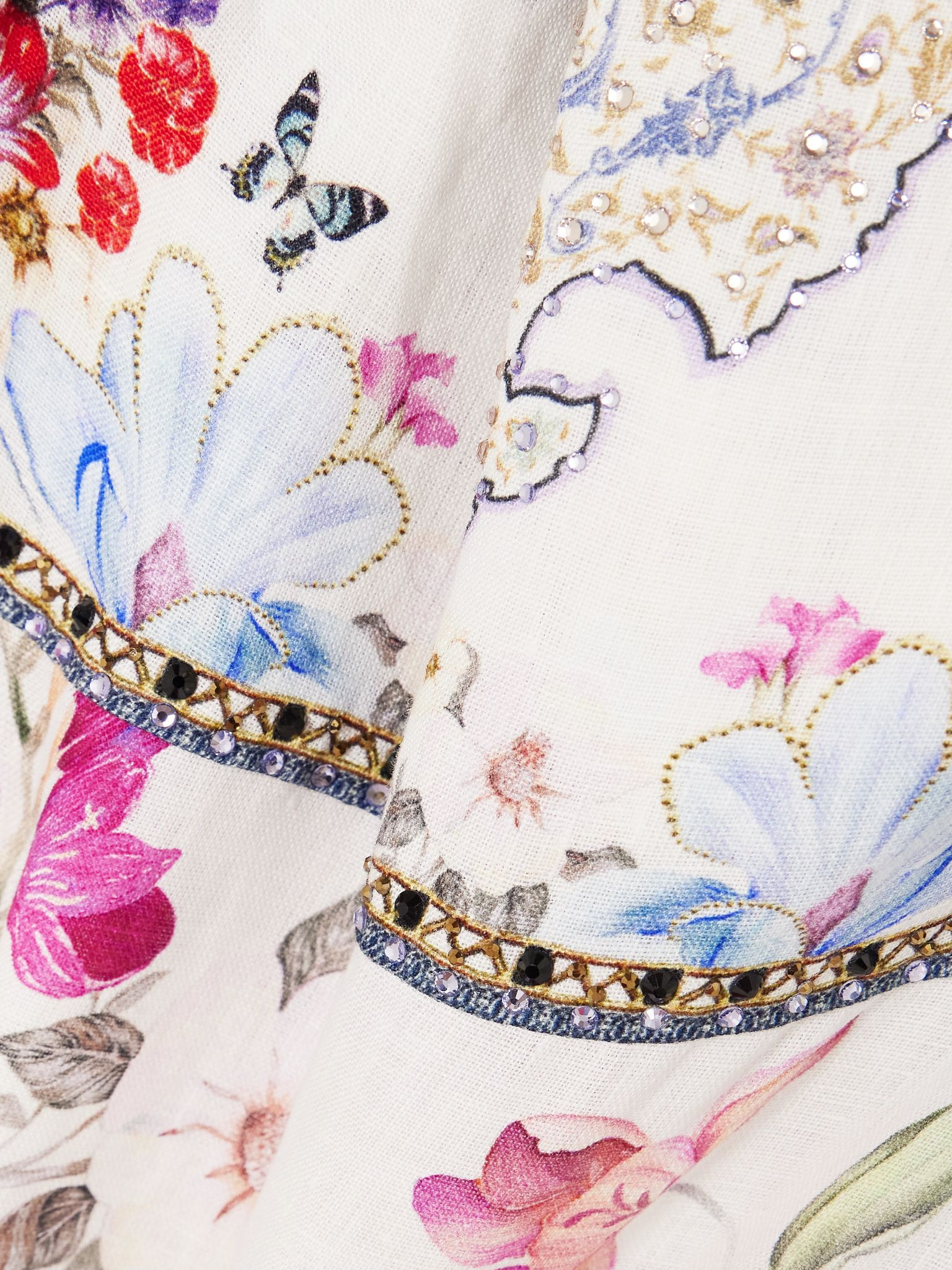 Embellished floral-print linen mini dress White - 4