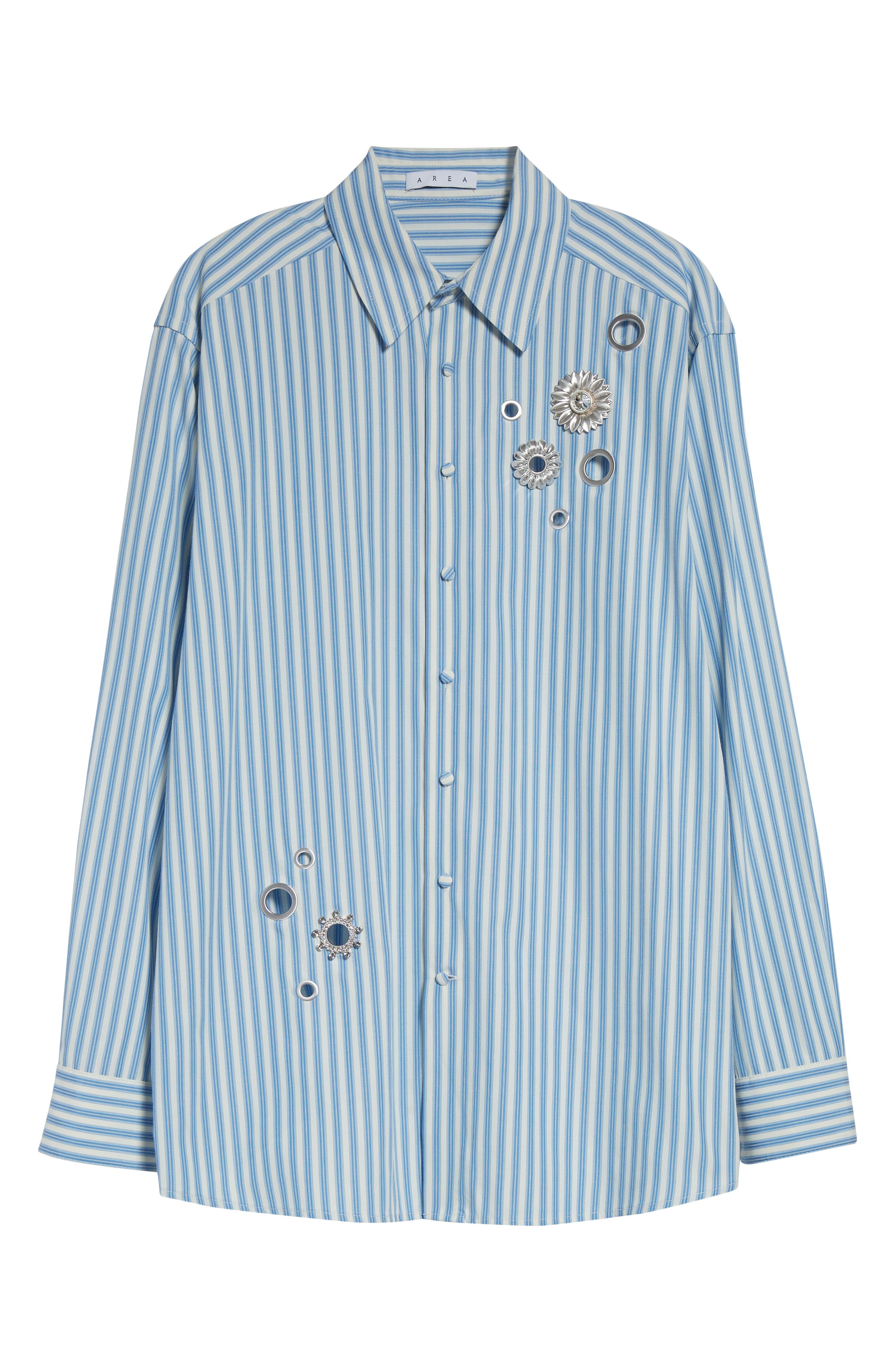 Area Crystal Embellished & Grommet Stripe Poplin Button-Up Shirt in White/Blue at Nordstrom - 6