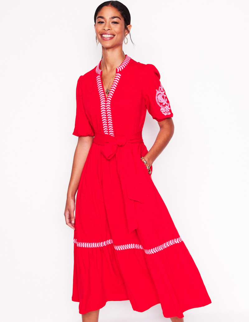 Amara Embroidered Jersey Dress-Poppy Red, Pink Peony 6