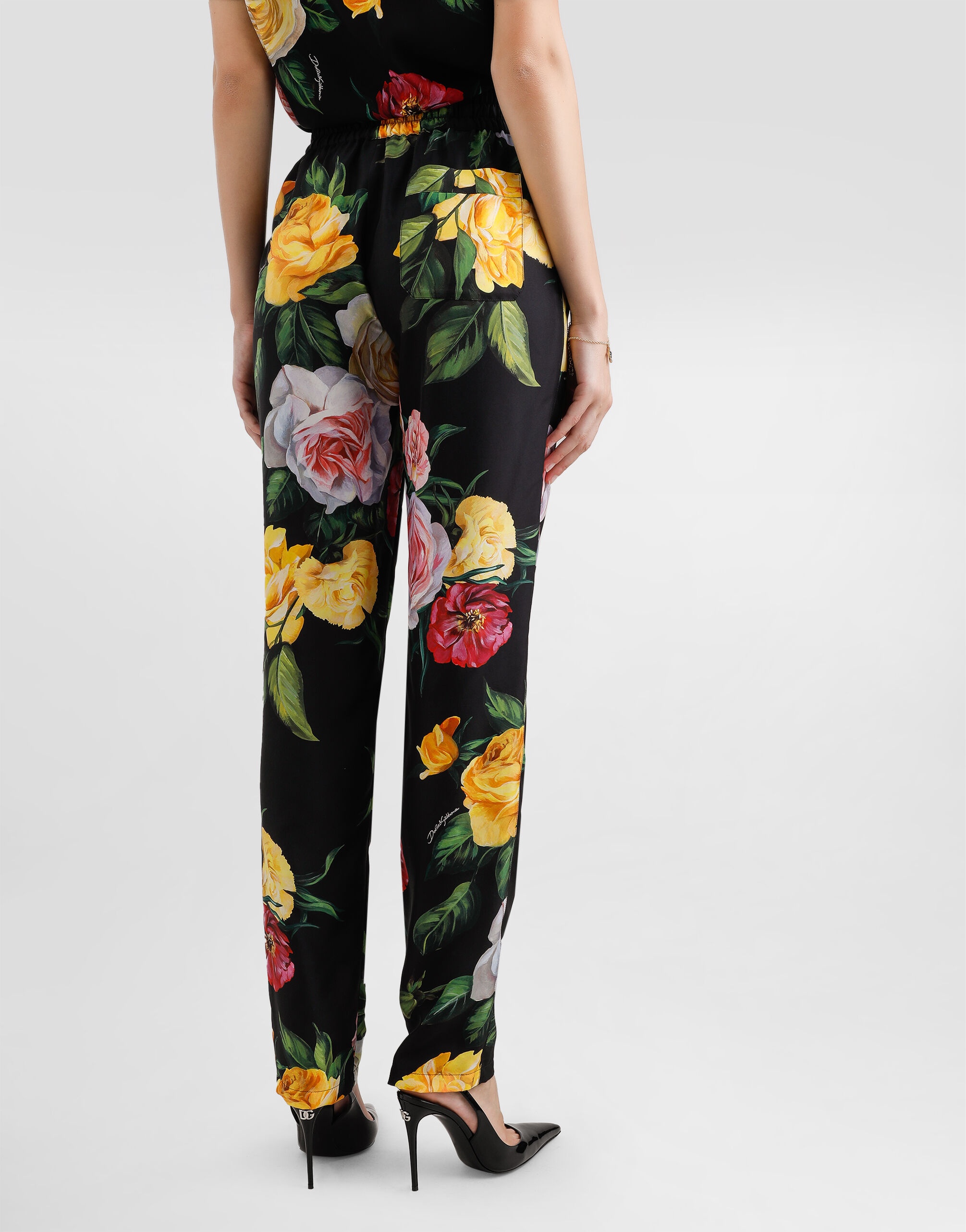 Silk pajama pants with elasticated waist and peony and rose print - 5