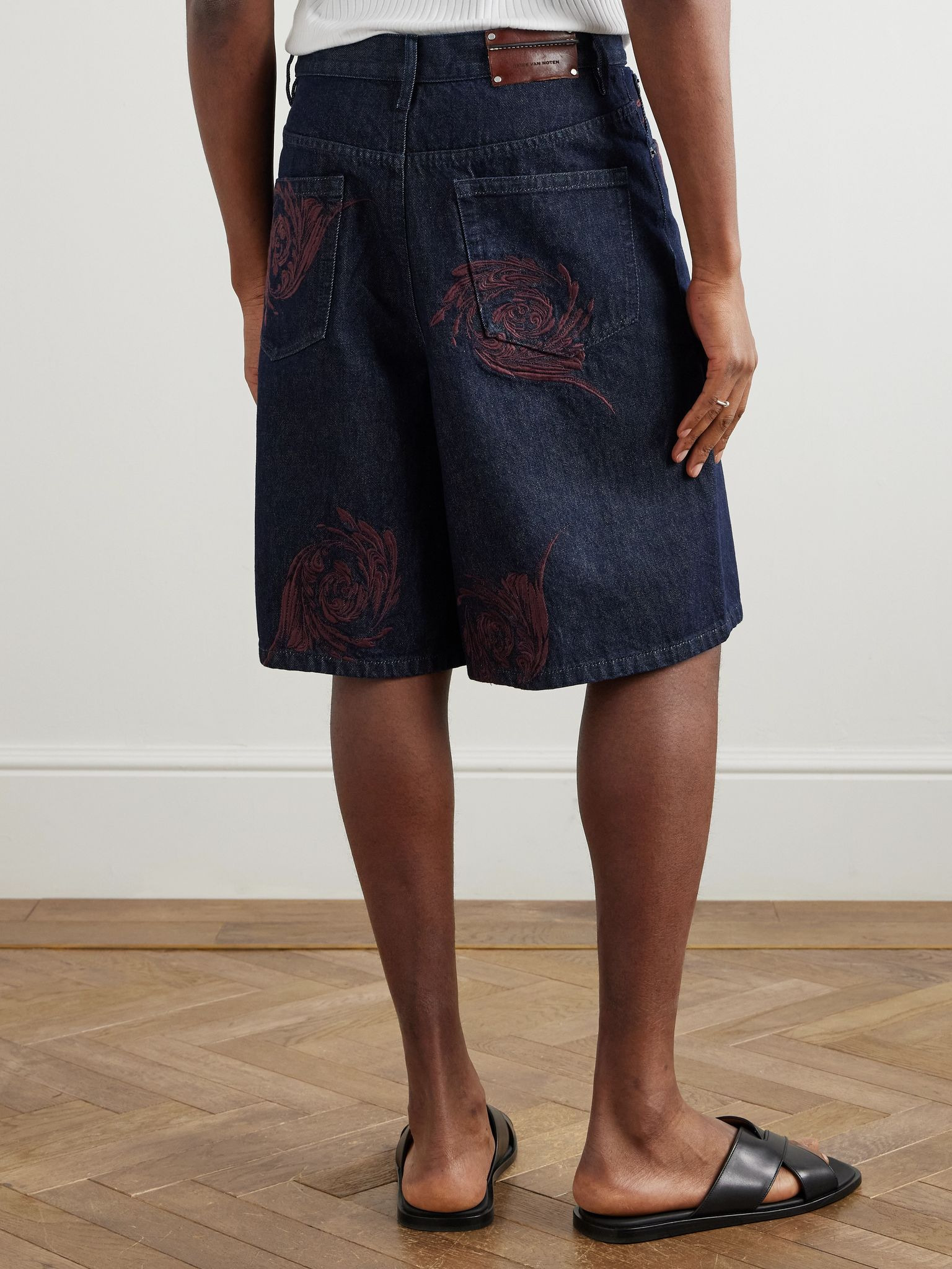 Straight-Leg Embroidered Denim Bermuda Shorts Blue - 4