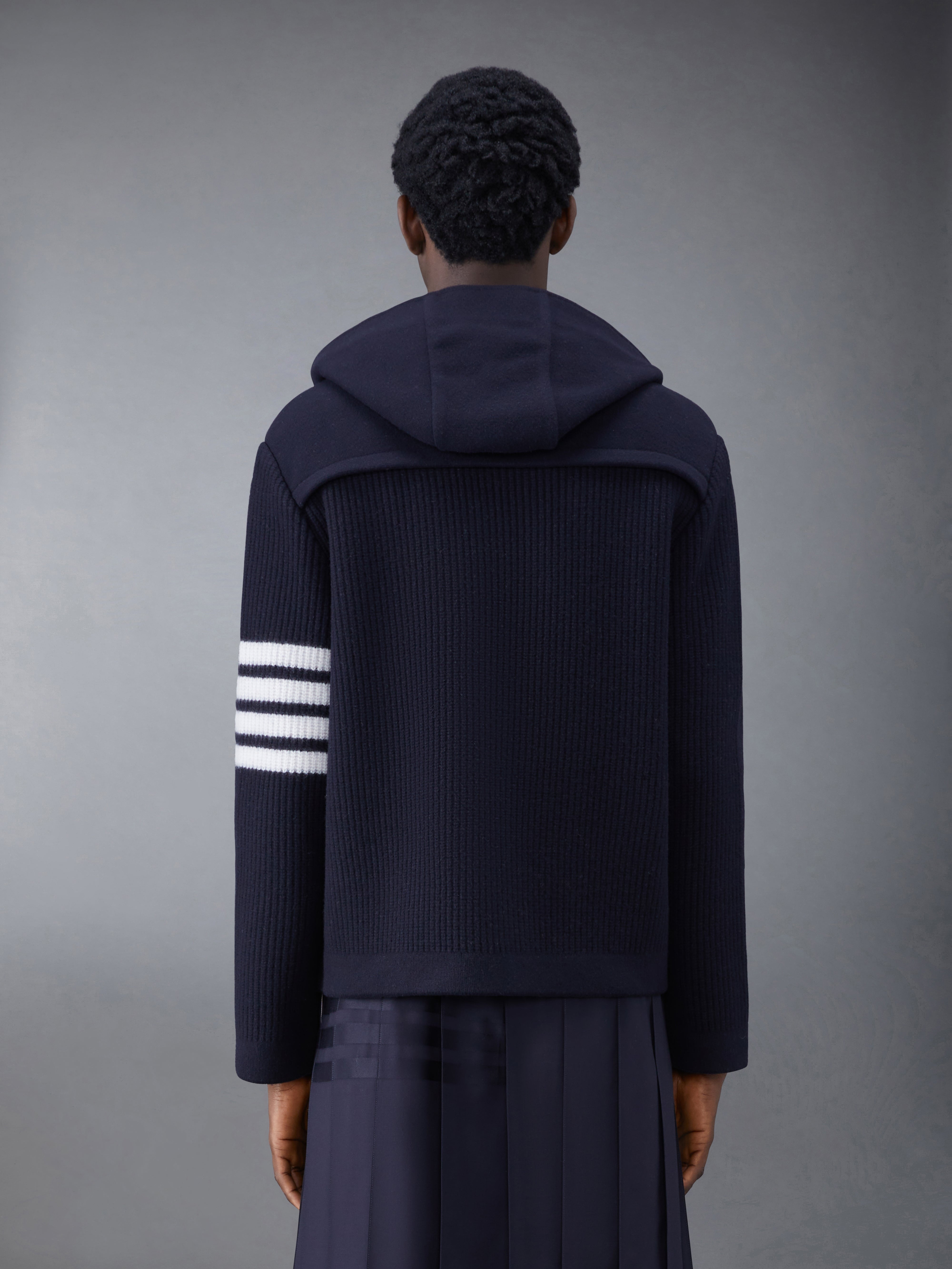 Boiled Wool Half Cardigan Stitch Hooded 4-Bar Duffle Jacket - 2