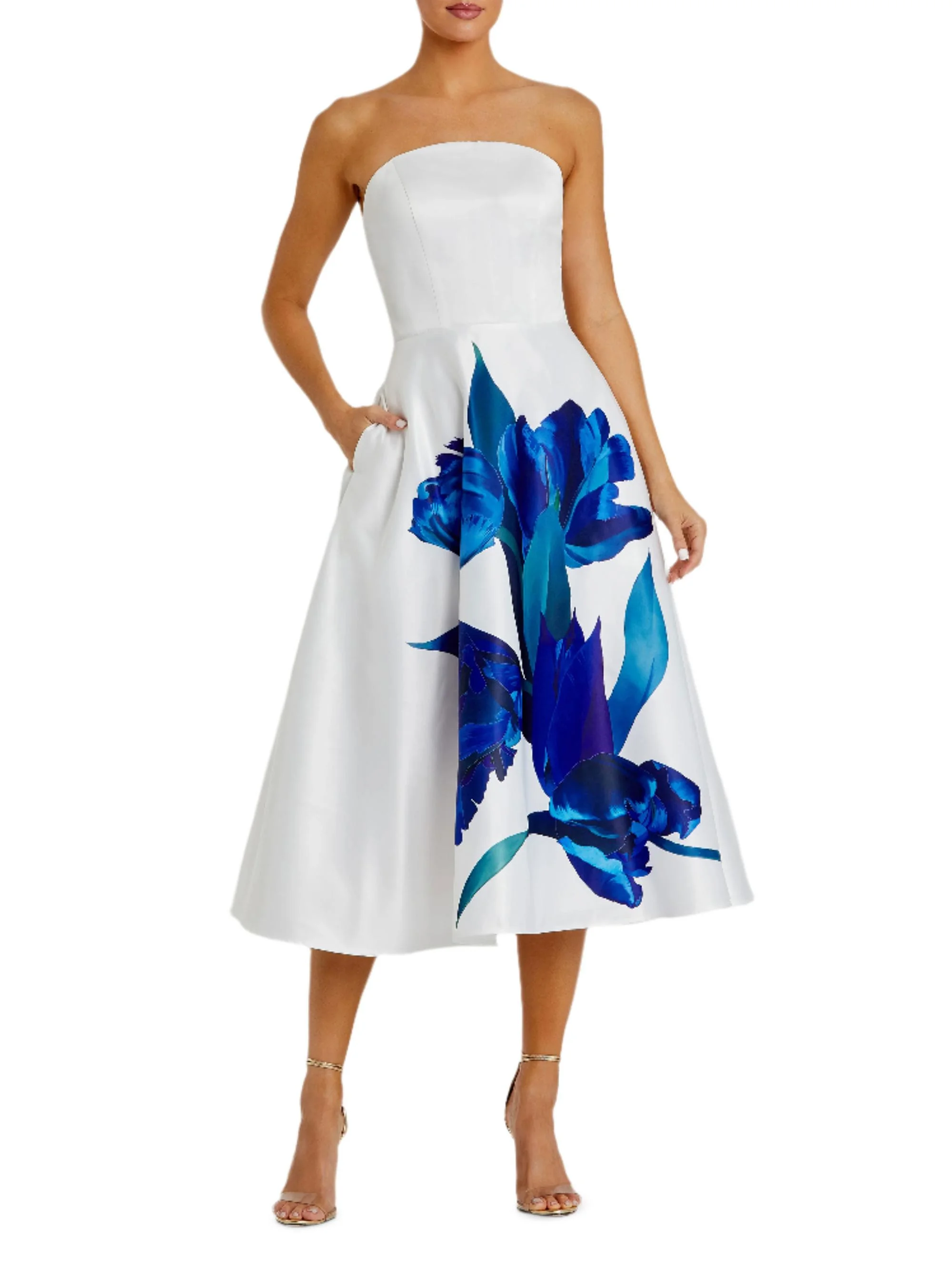 Women's Cocktail Floral Satin Strapless Midi-Dress - Cream Multi - 1