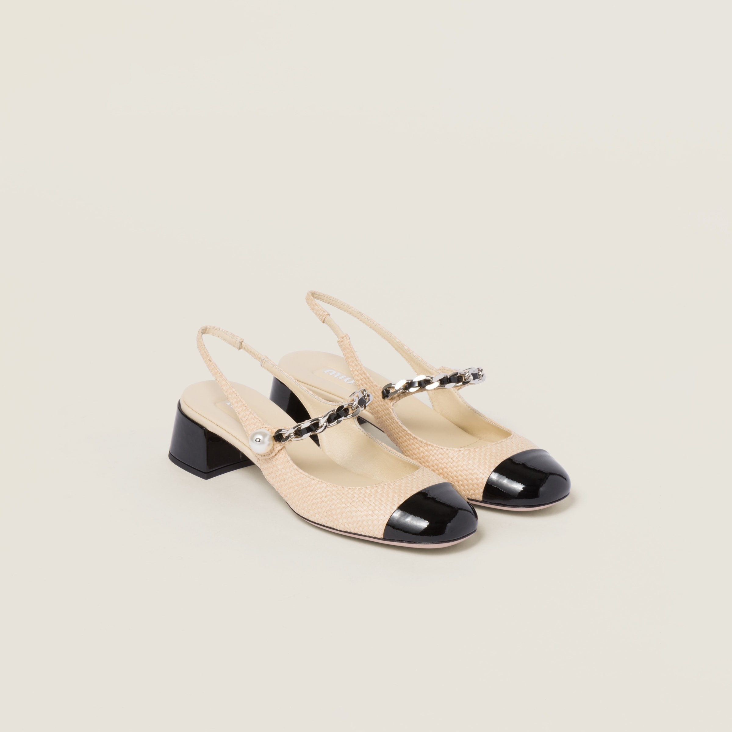 Patent leather and raffia slingback pumps - 1