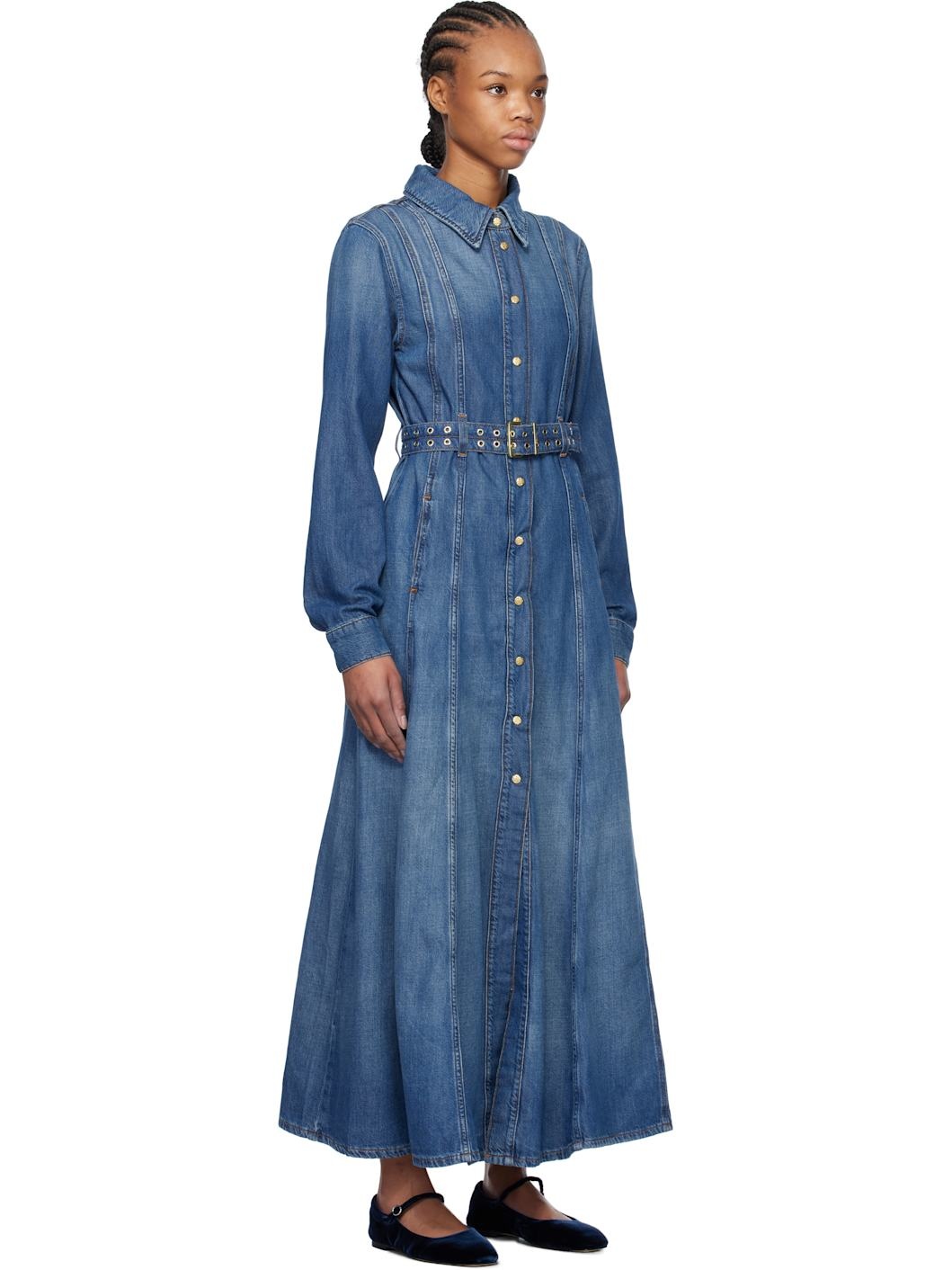 Blue Belted Denim Maxi Dress - 2