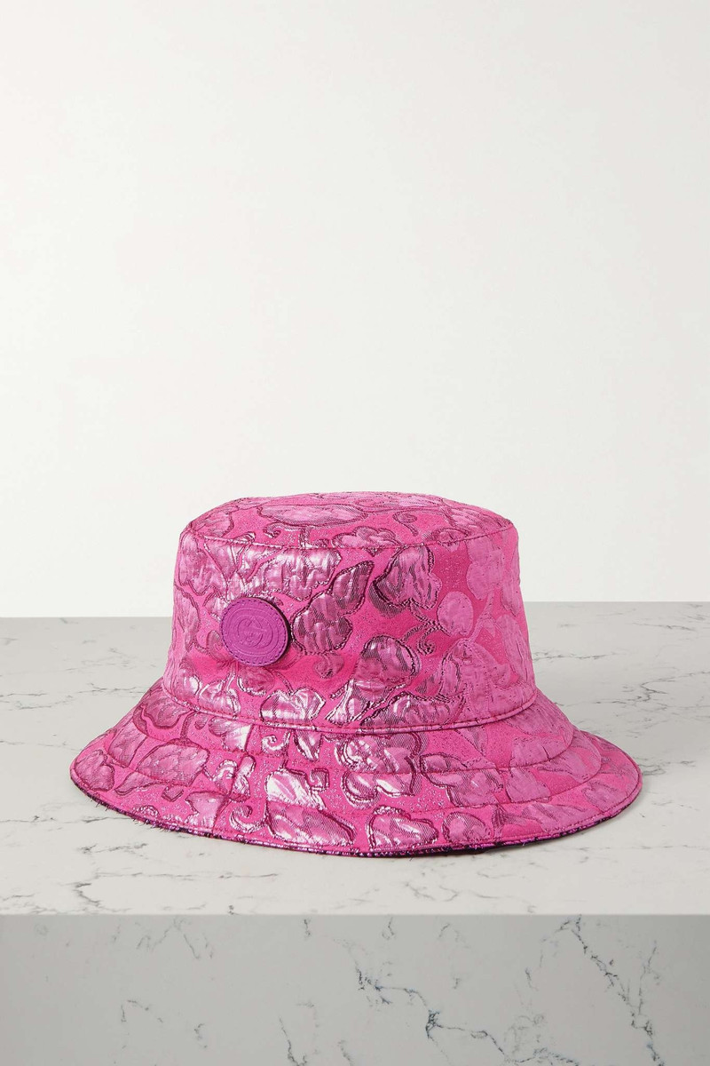 Reversible leather-trimmed brocade bucket hat - 1