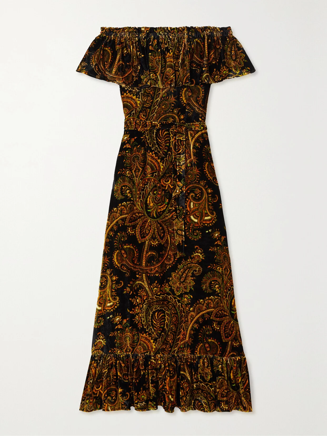 Off-the-shoulder Belted Paisley-print Velvet Maxi Dress - 1