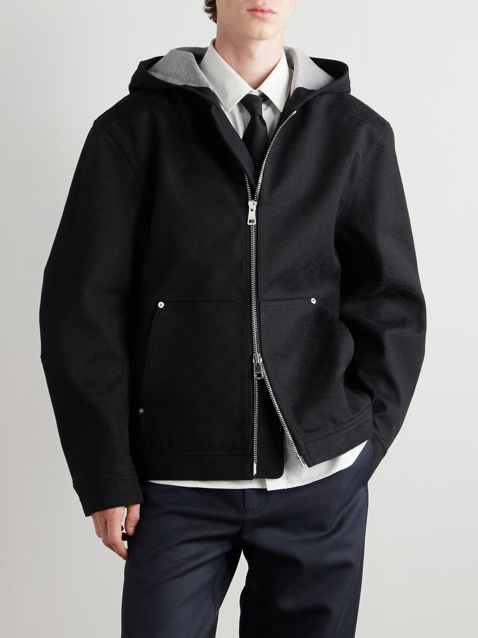 Monogrammed Denim-Jacquard Hooded Jacket Black - 3