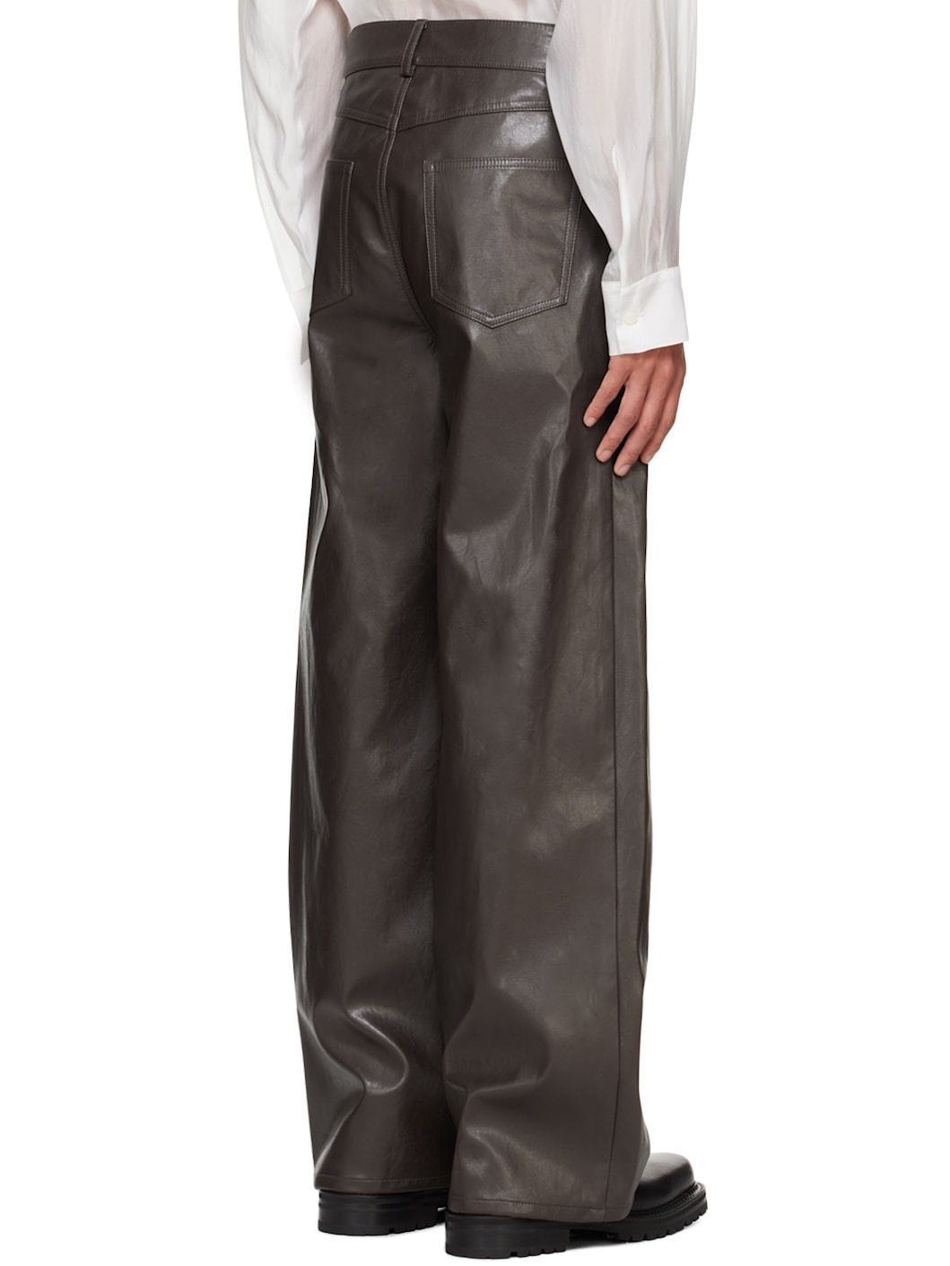 Brown Wide-Leg Faux-Leather Trousers - 3