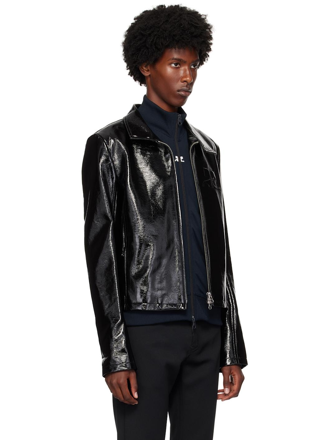 Black Zipped Vinyl Biker Jacket - 2