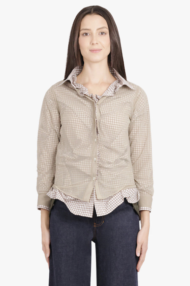 LAYERED L/S SHIRT WITH CHECK RUCHING DETAIL | CAMEL/WHITE - 3